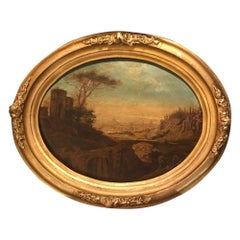 Romantic Italian Oil Painting Oval Landscape on Wood, 1829, Signed