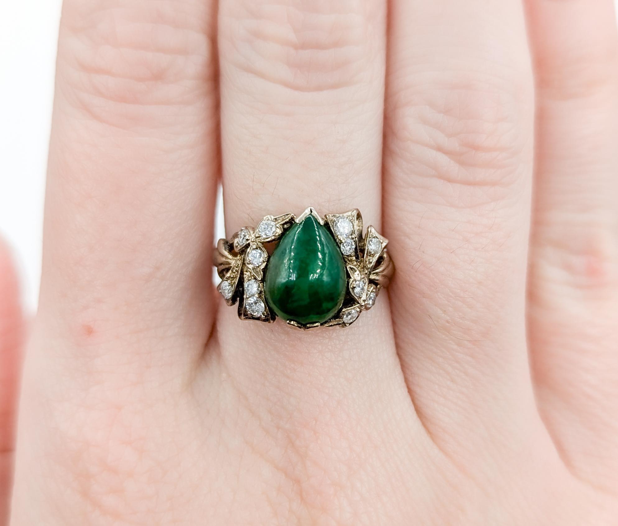Women's Romantic Jade & Diamond Ribbon Ring in White Gold For Sale
