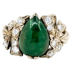 Romantic Jade & Diamond Ribbon Ring in White Gold