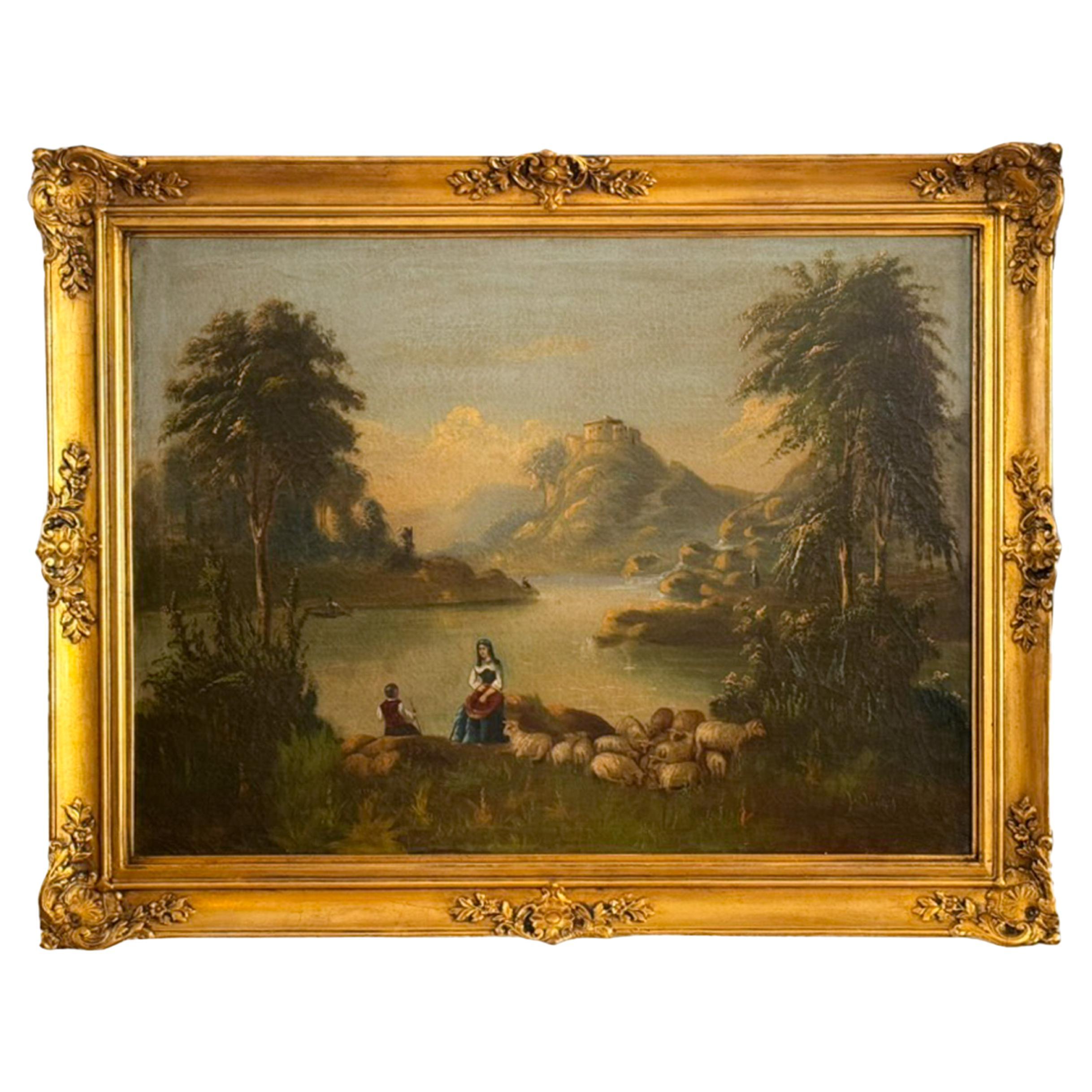 Romantic Landscape Painting With Frame, France, 19th Century