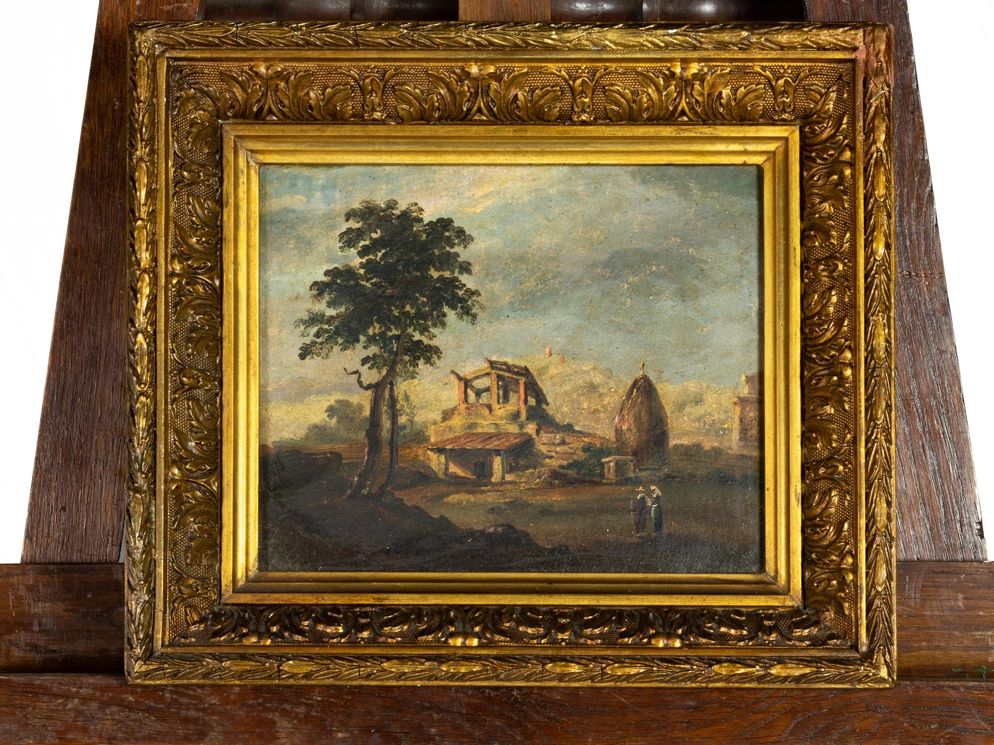 Ein fesselndes Gemälde aus der Zeit der Romantik zeigt ein wunderschönes Haus an einer malerischen römischen Provinzstraße, der Via Appia, nur wenige Kilometer von der Hauptstadt entfernt. Das auf Karton gemalte und mit einem Holzrahmen versehene