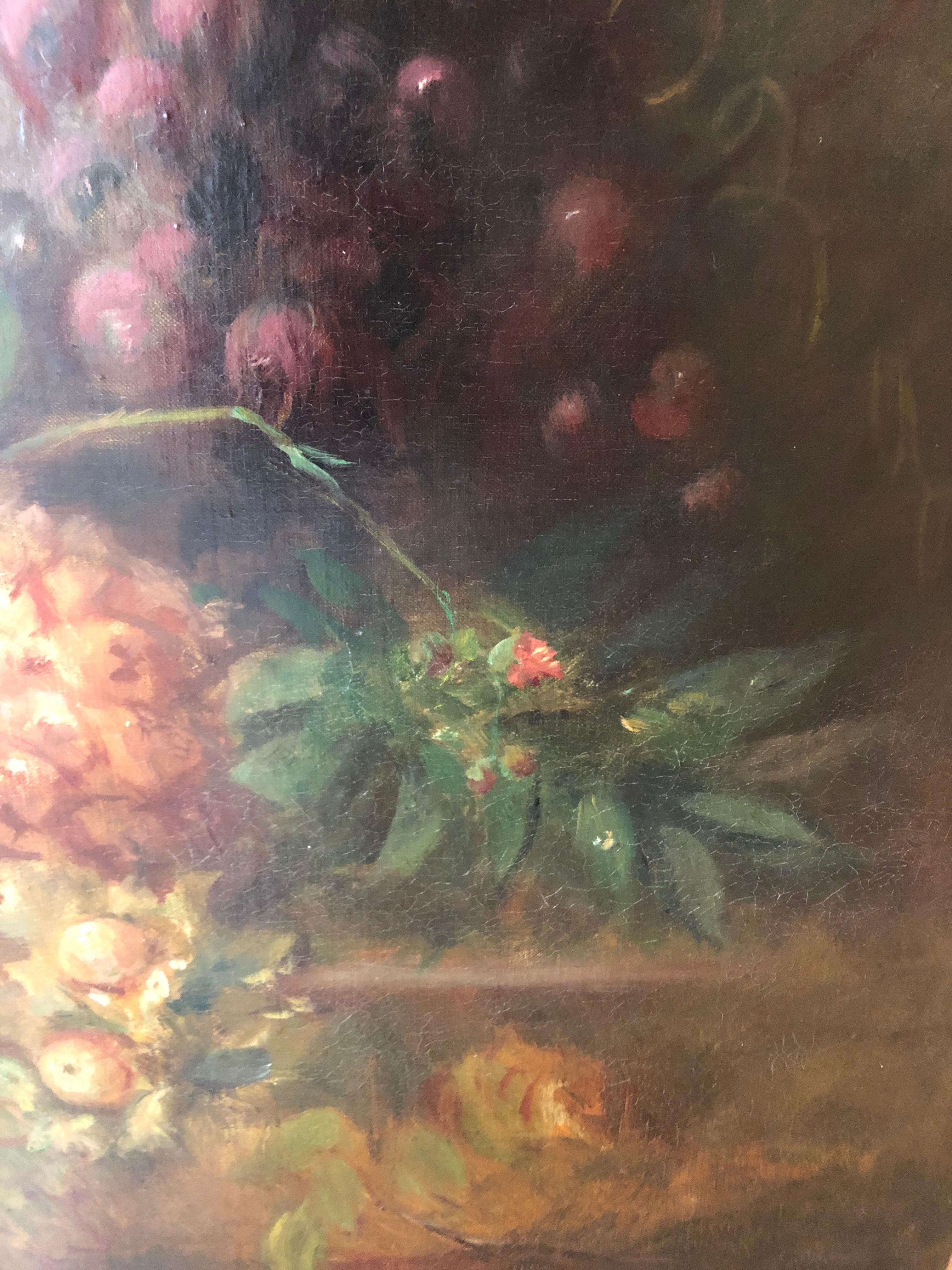 Mid-20th Century Romantic Large Fruit and Flowers Still Life Painting For Sale