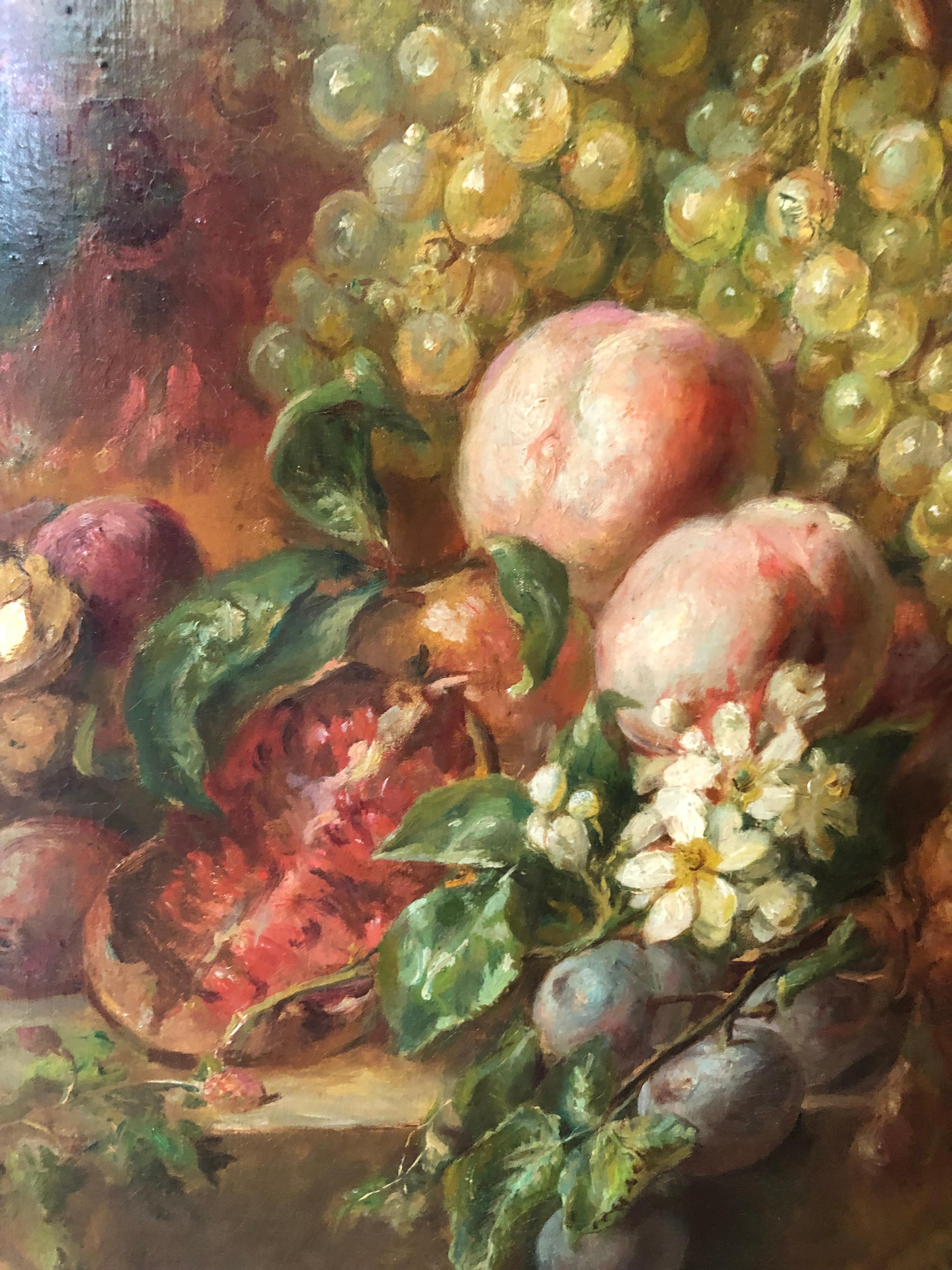 Romantic Large Fruit and Flowers Still Life Painting For Sale 1