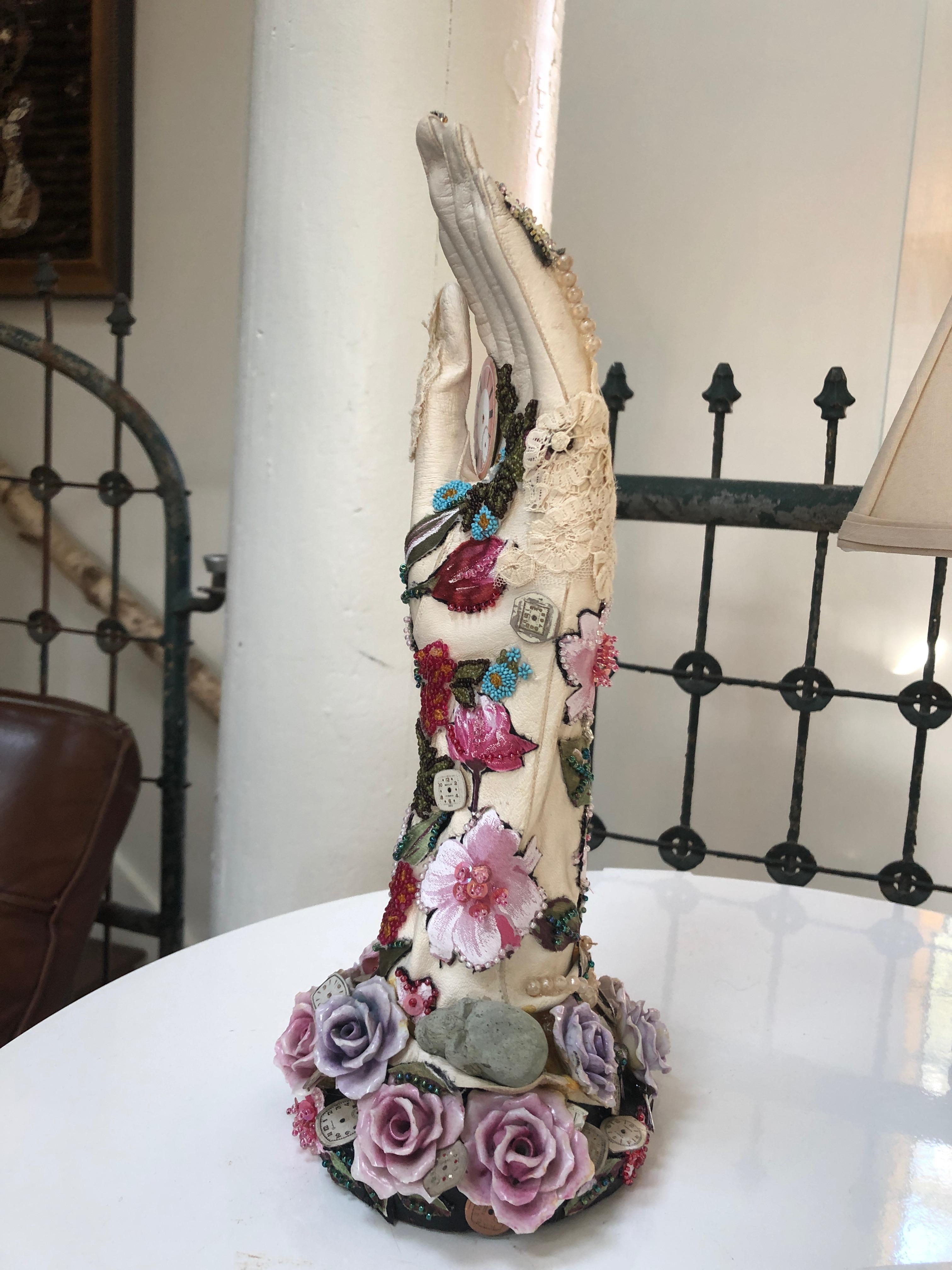 Leather Romantic Mixed-Media Sculpture Titled Hand of Time For Sale