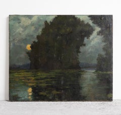 Romantic Moonlight River Landscape, Vintage Original Impressionist Oil Painting