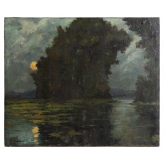 Romantic Moonlight River Landscape, Vintage Original Impressionist Oil Painting