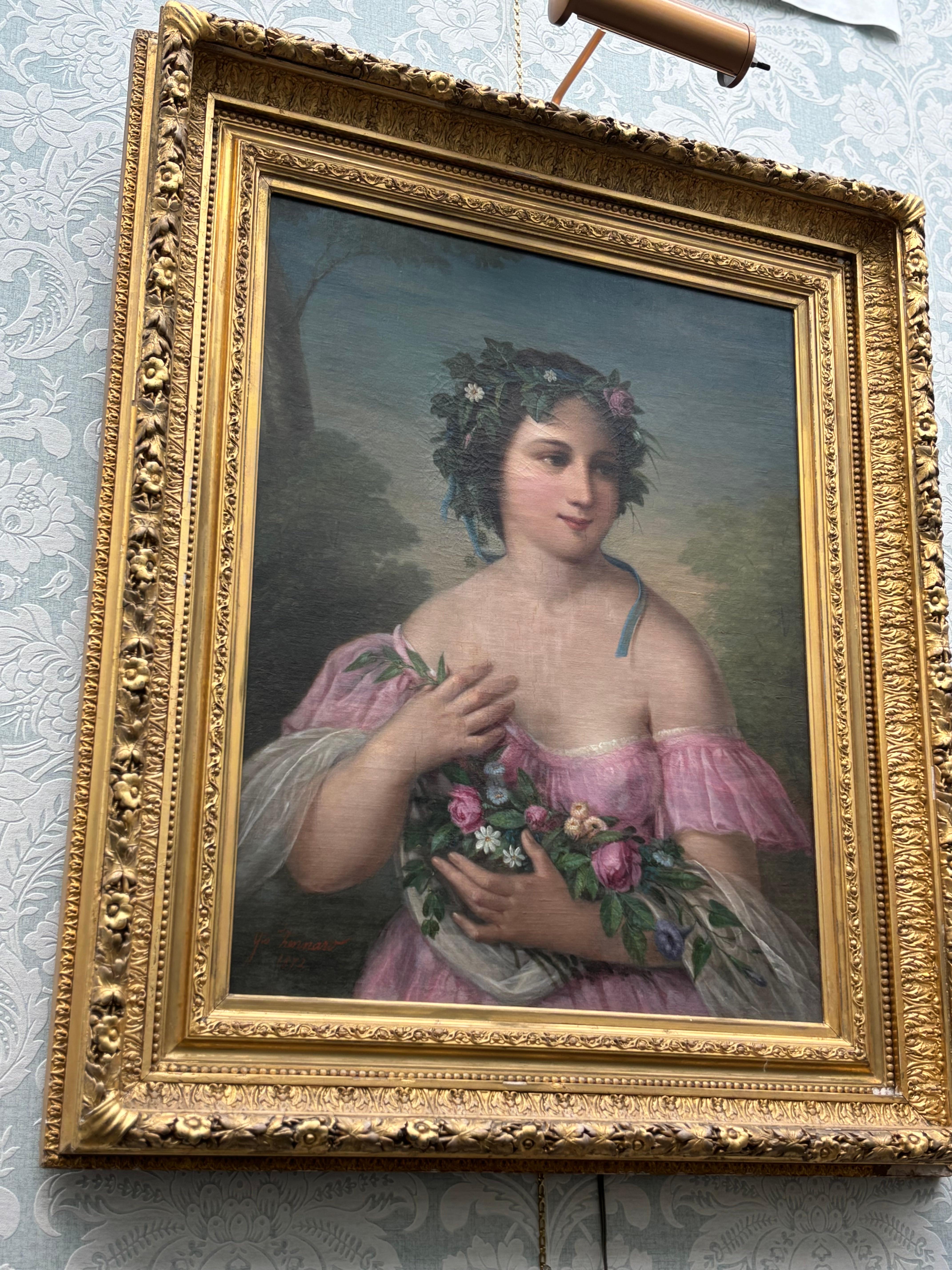 Romantic Movement Portrait of an Italian Girl with Garlands by Giovanni Zennaro For Sale 1