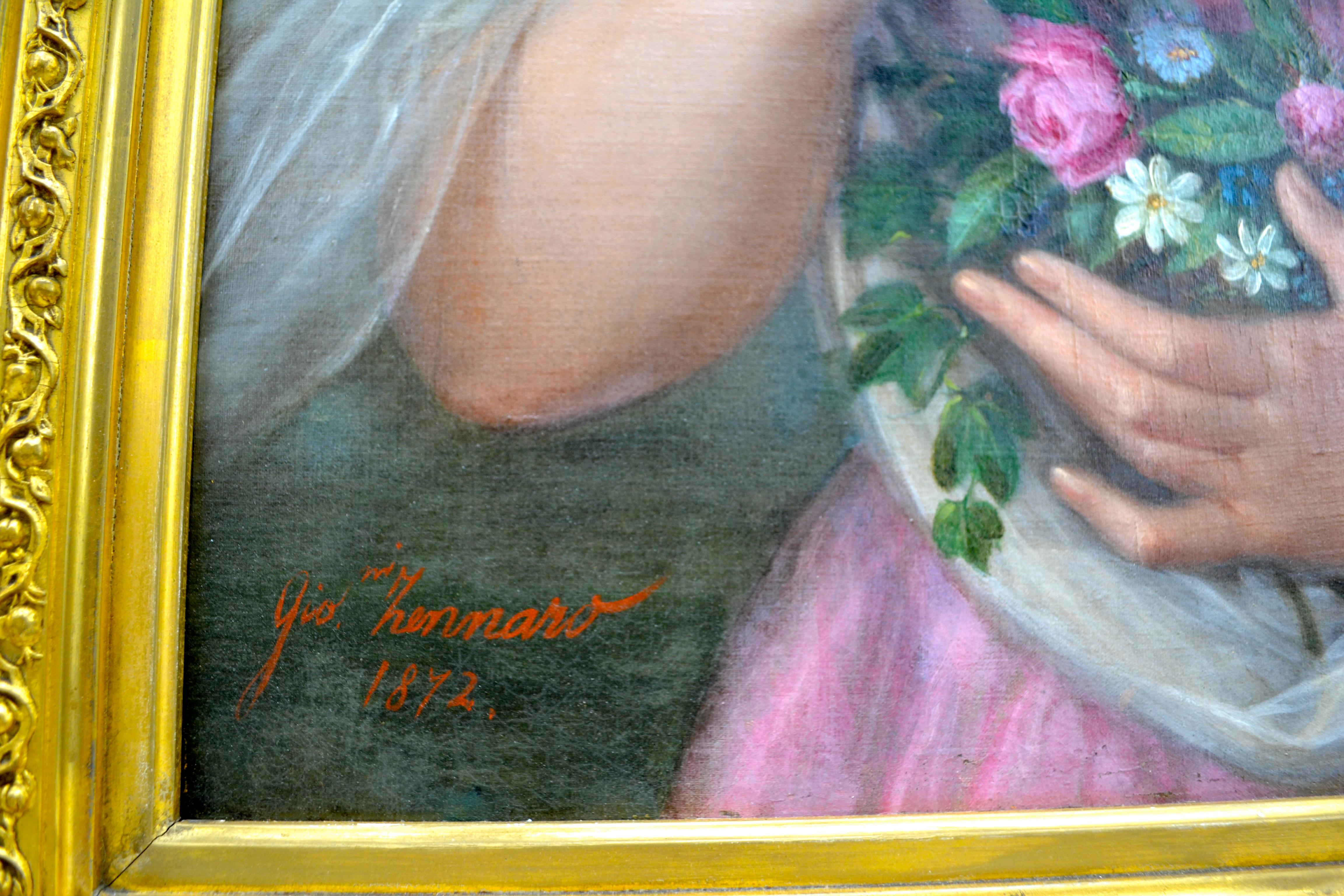Hand-Painted Romantic Movement Portrait of an Italian Girl with Garlands by Giovanni Zennaro For Sale