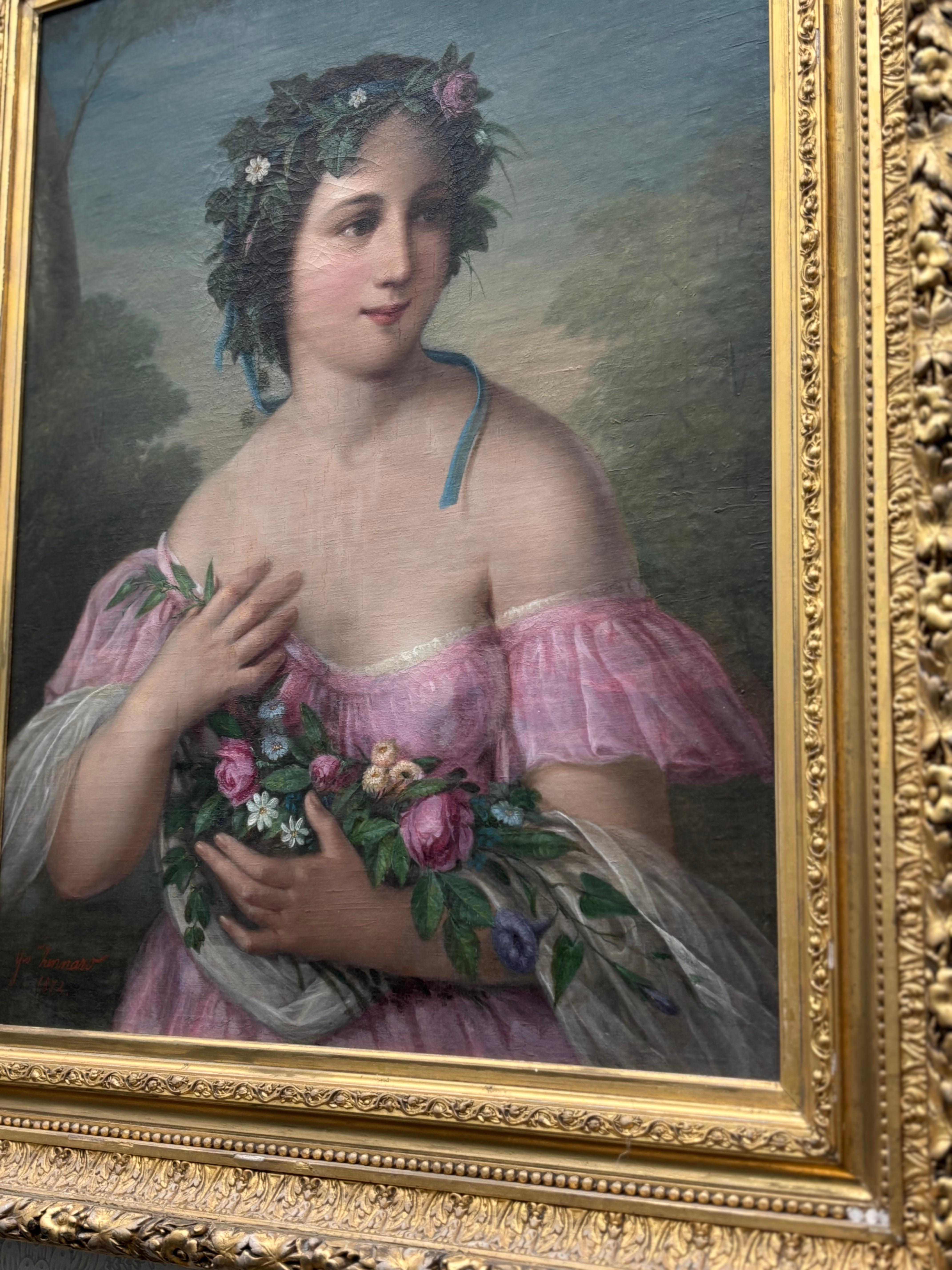 Hand-Painted Romantic Movement Portrait of an Italian Girl with Garlands by Giovanni Zennaro For Sale
