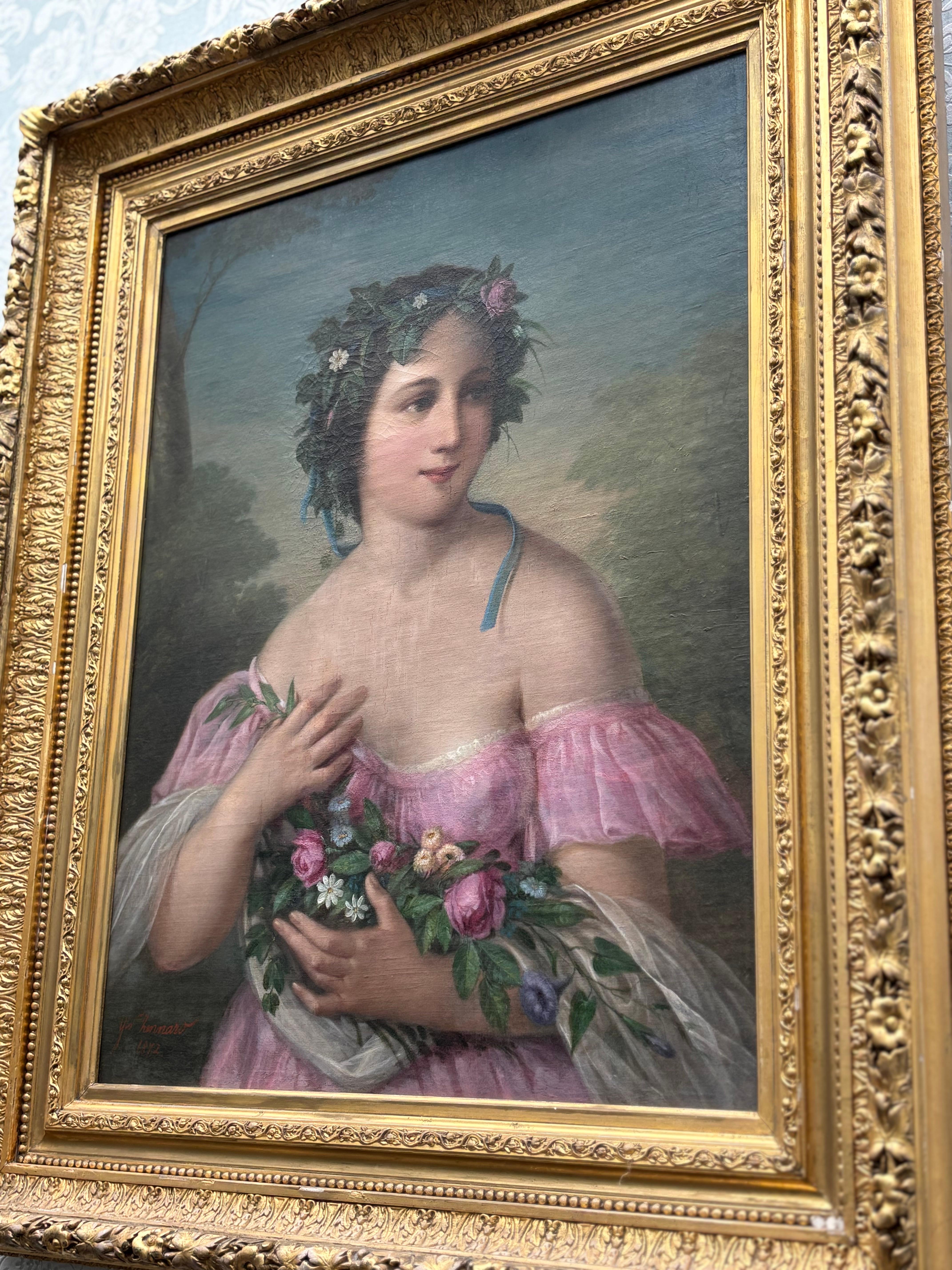 19th Century Romantic Movement Portrait of an Italian Girl with Garlands by Giovanni Zennaro For Sale