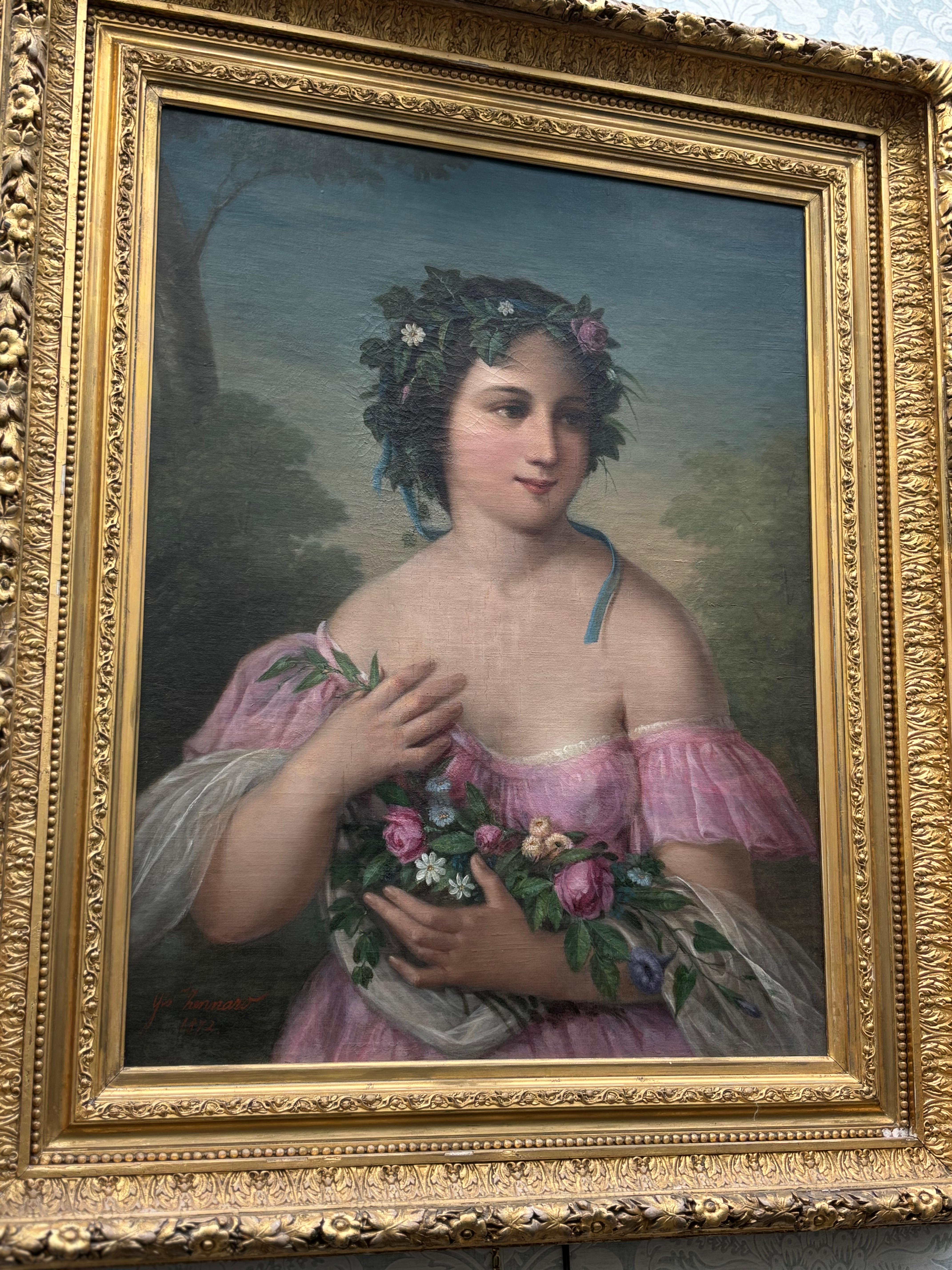 Canvas Romantic Movement Portrait of an Italian Girl with Garlands by Giovanni Zennaro For Sale