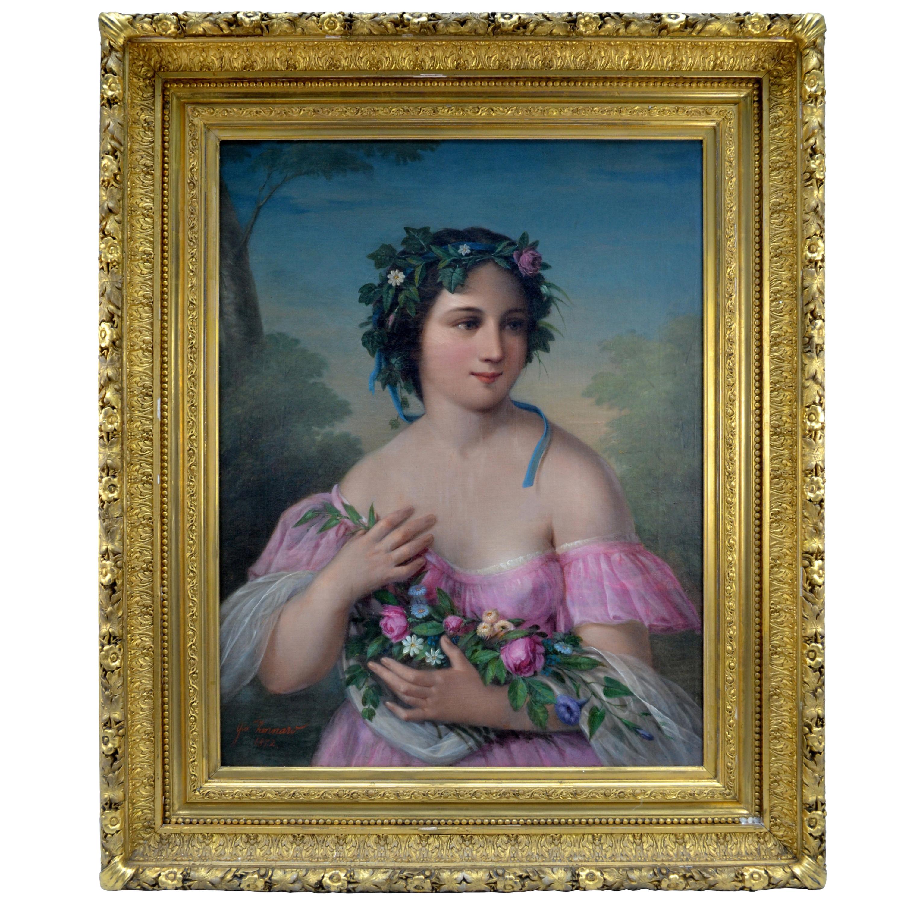 Romantic Movement Portrait of an Italian Girl with Garlands by Giovanni Zennaro For Sale
