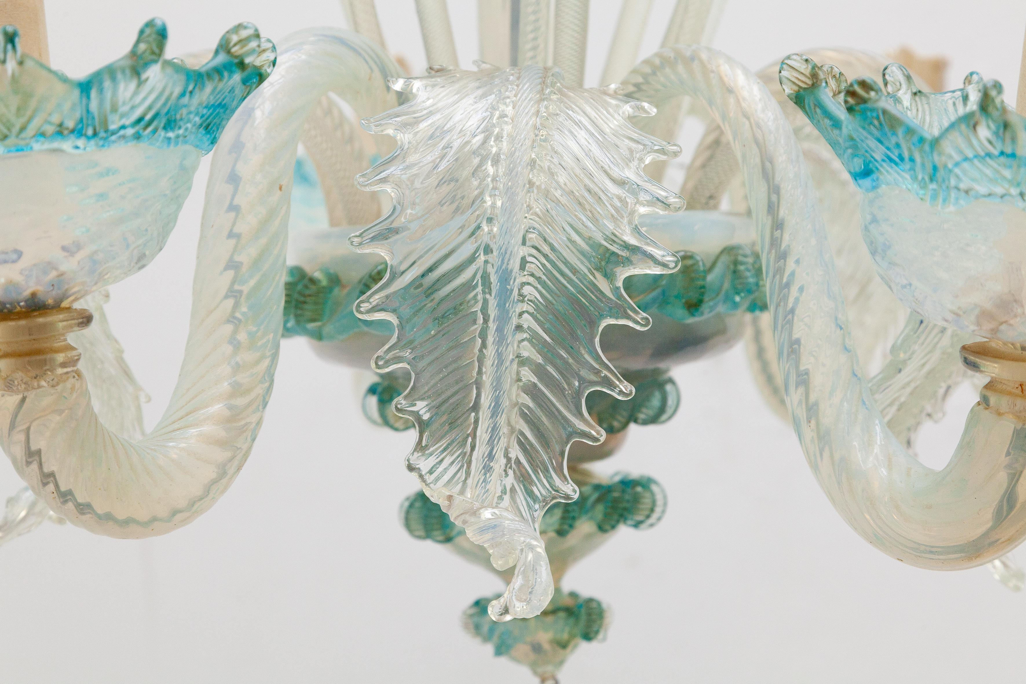 Italian Romantic Murano Blue Opal Glass Chandelier, 1950s, Italy For Sale