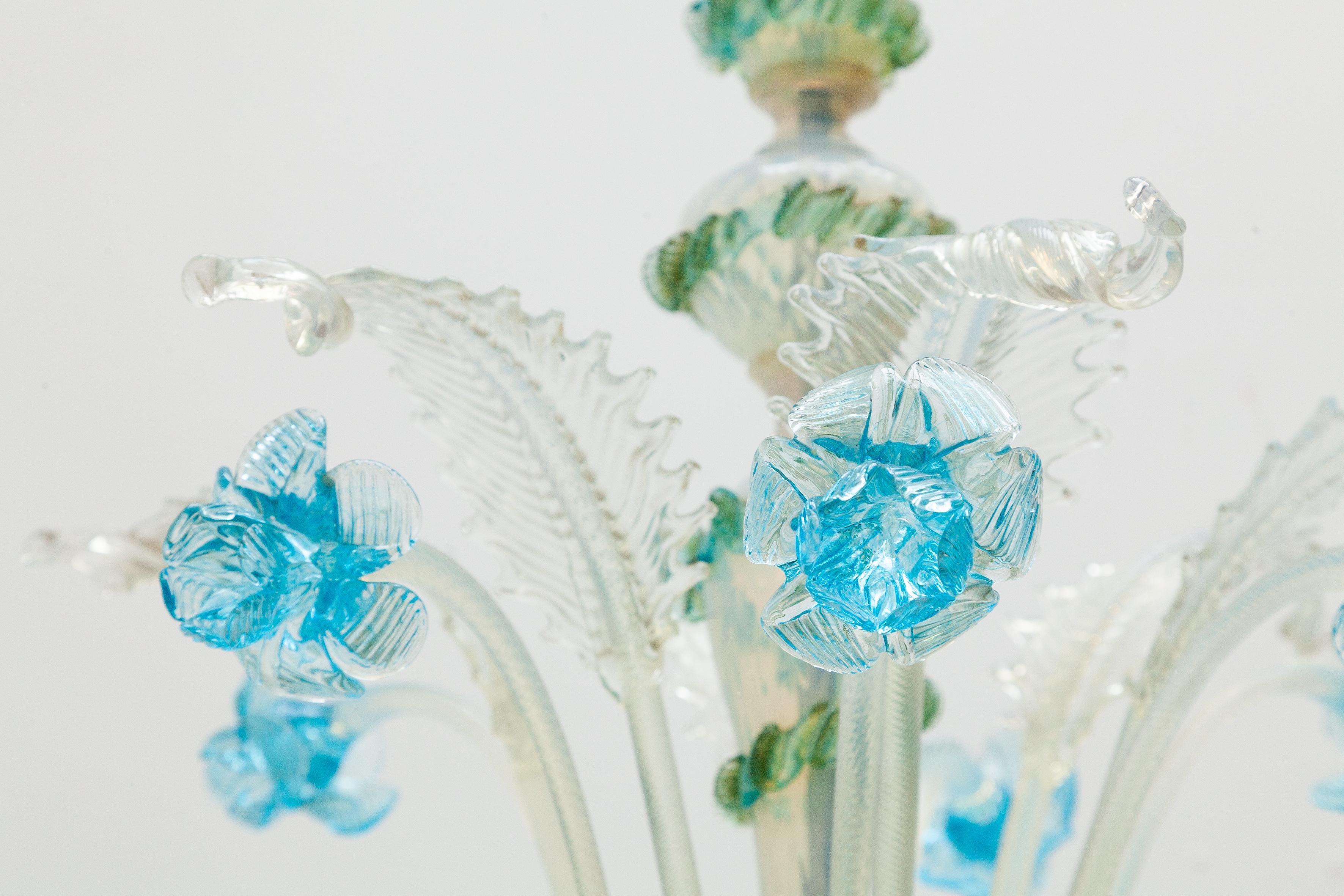 Hand-Crafted Romantic Murano Blue Opal Glass Chandelier, 1950s, Italy For Sale