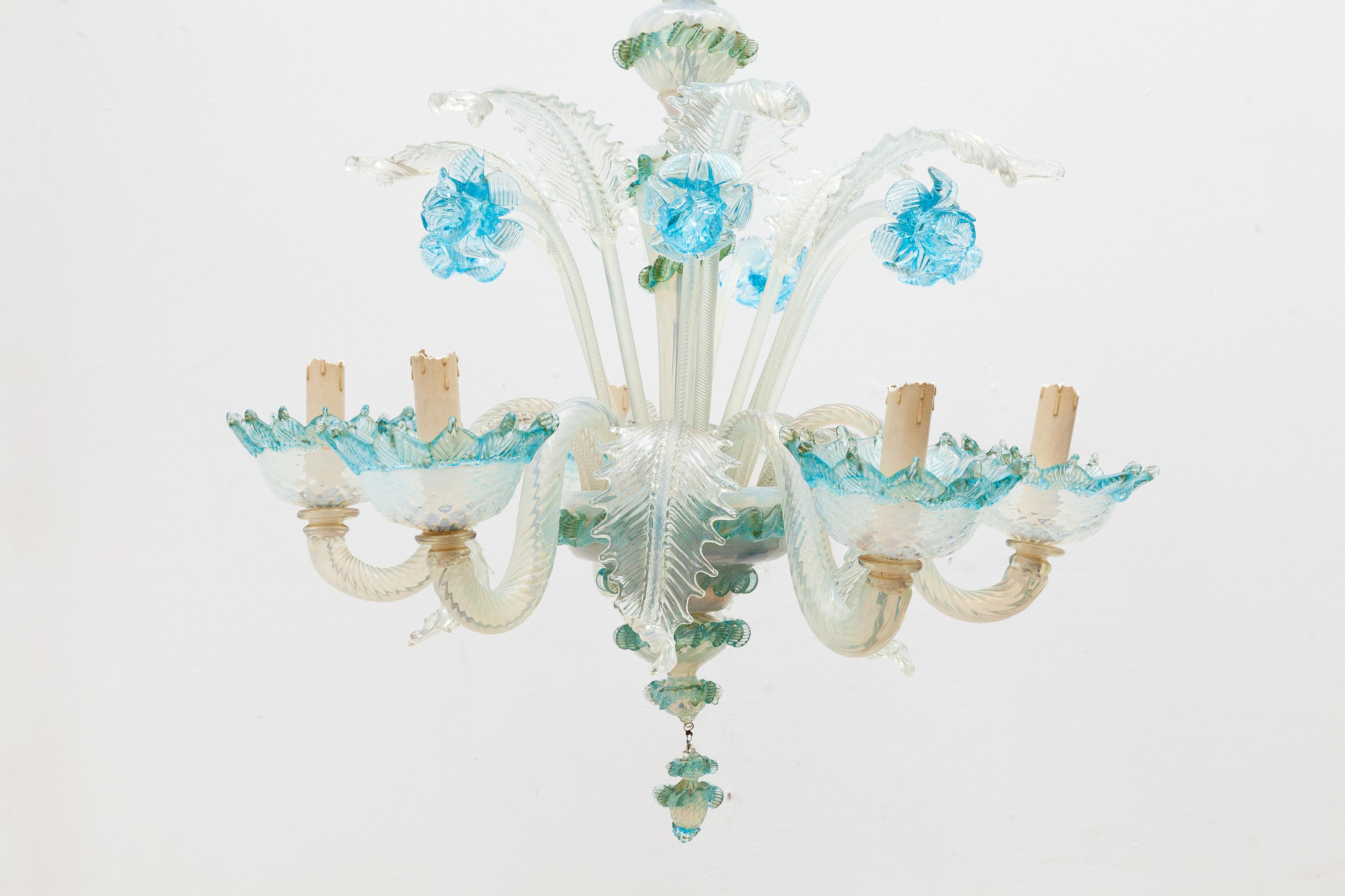 Romantic Murano Blue Opal Glass Chandelier, 1950s, Italy For Sale 1