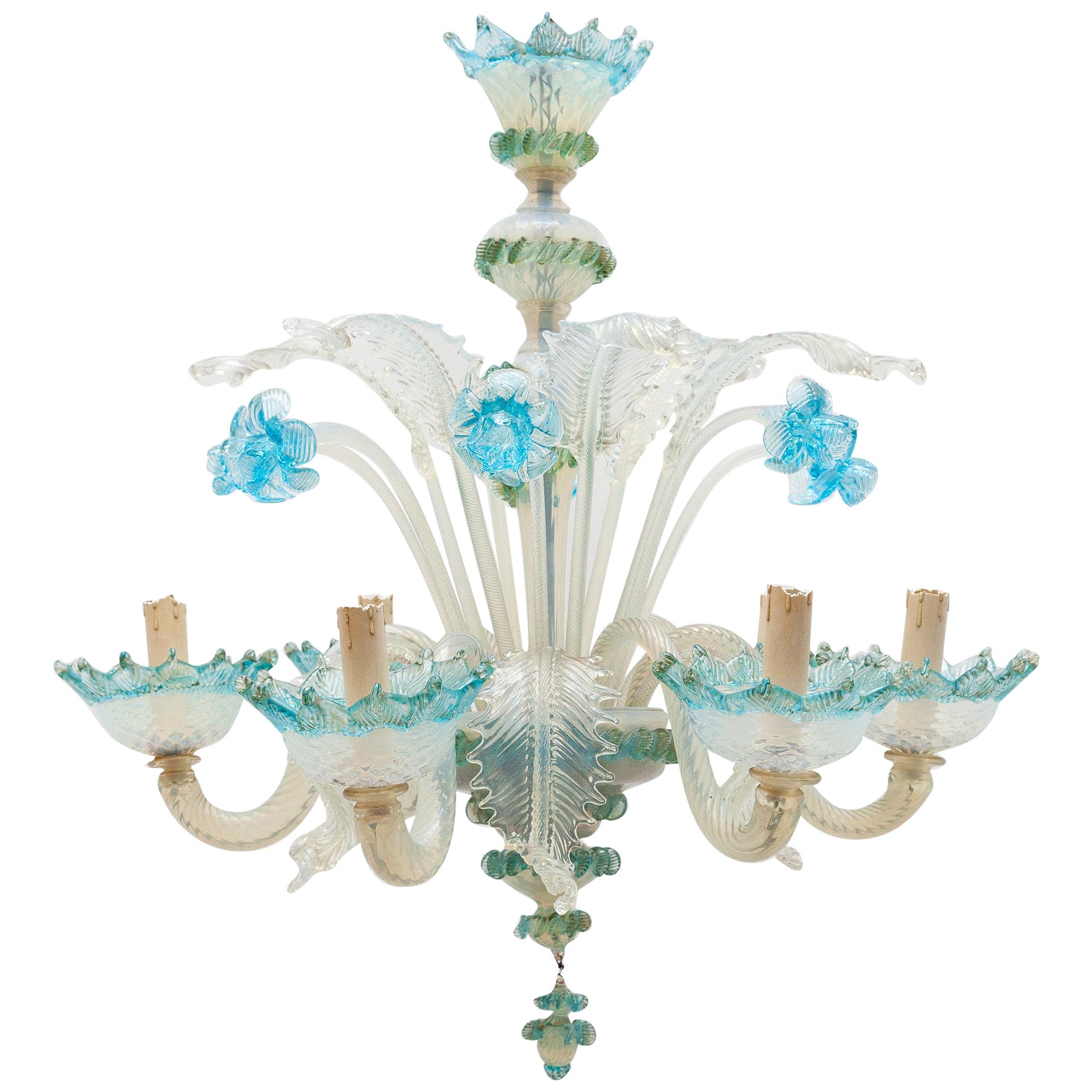 Romantic Murano Blue Opal Glass Chandelier, 1950s, Italy For Sale