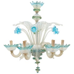 Lustre romantique en verre d'opale bleu de Murano, années 1950, Italie