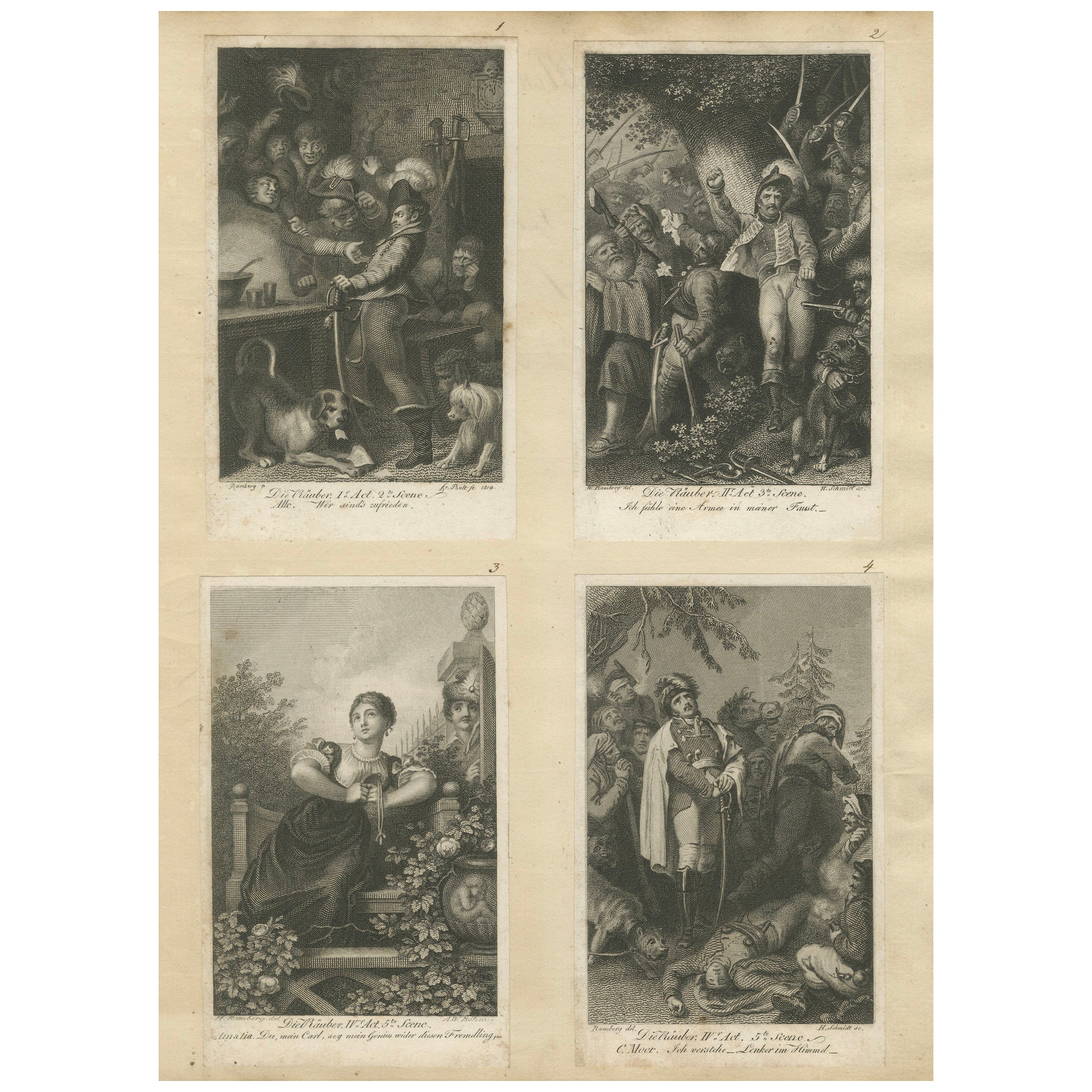Romantic Narrative Engravings, Copper Print, German, Early 19th Century For Sale