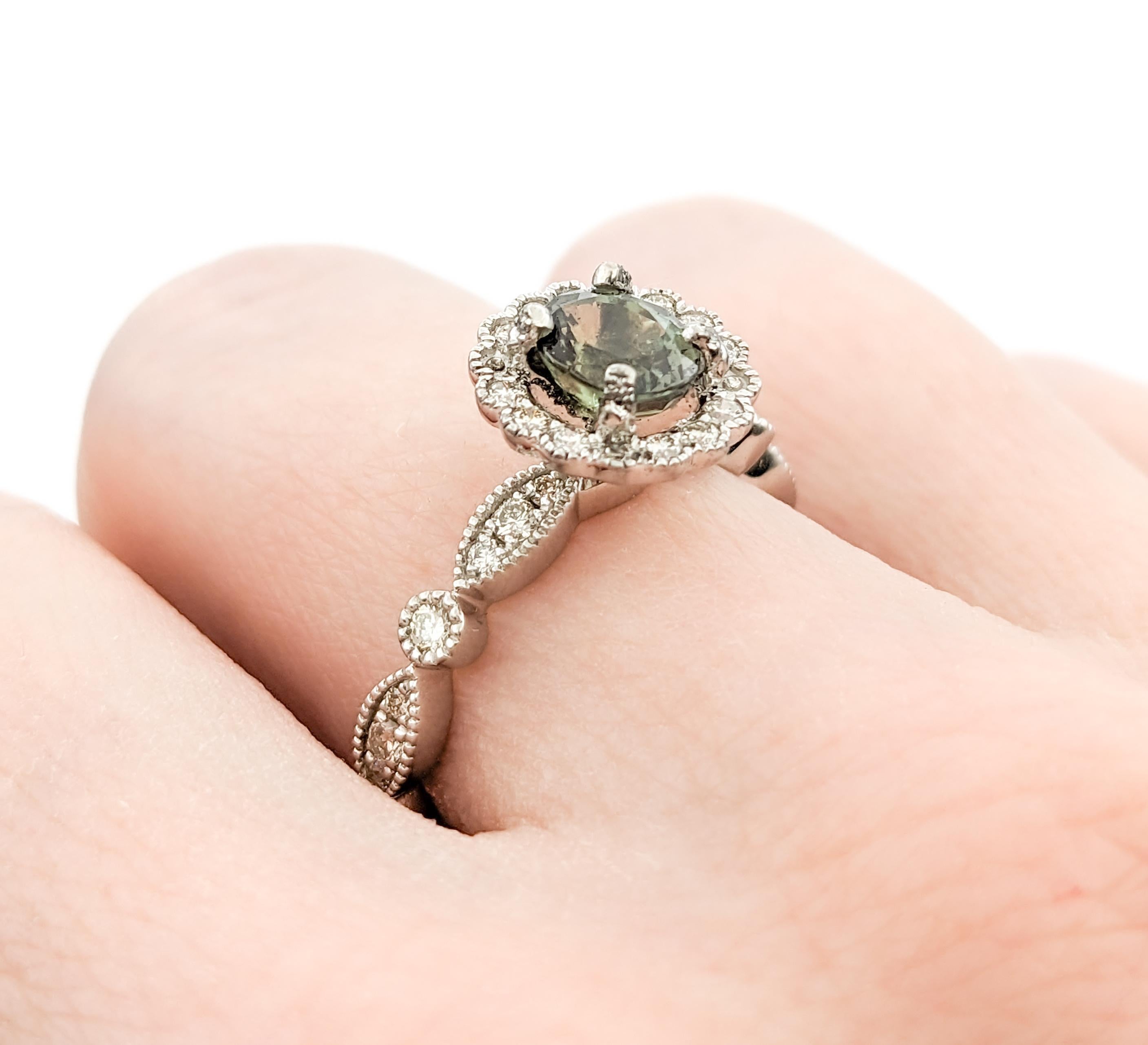 Romantic Natural Alexandrite & Diamond Halo Ring in Platinum For Sale 4