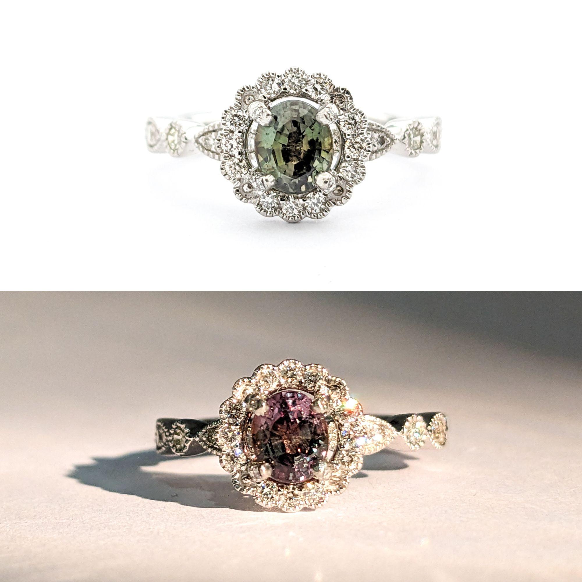 Romantic Natural Alexandrite & Diamond Halo Ring in Platinum

Discover the epitome of luxury with our captivating platinum ring, featuring a mesmerizing .97ct oval natural Alexandrite center stone. This alexandrite has a beautiful color change from