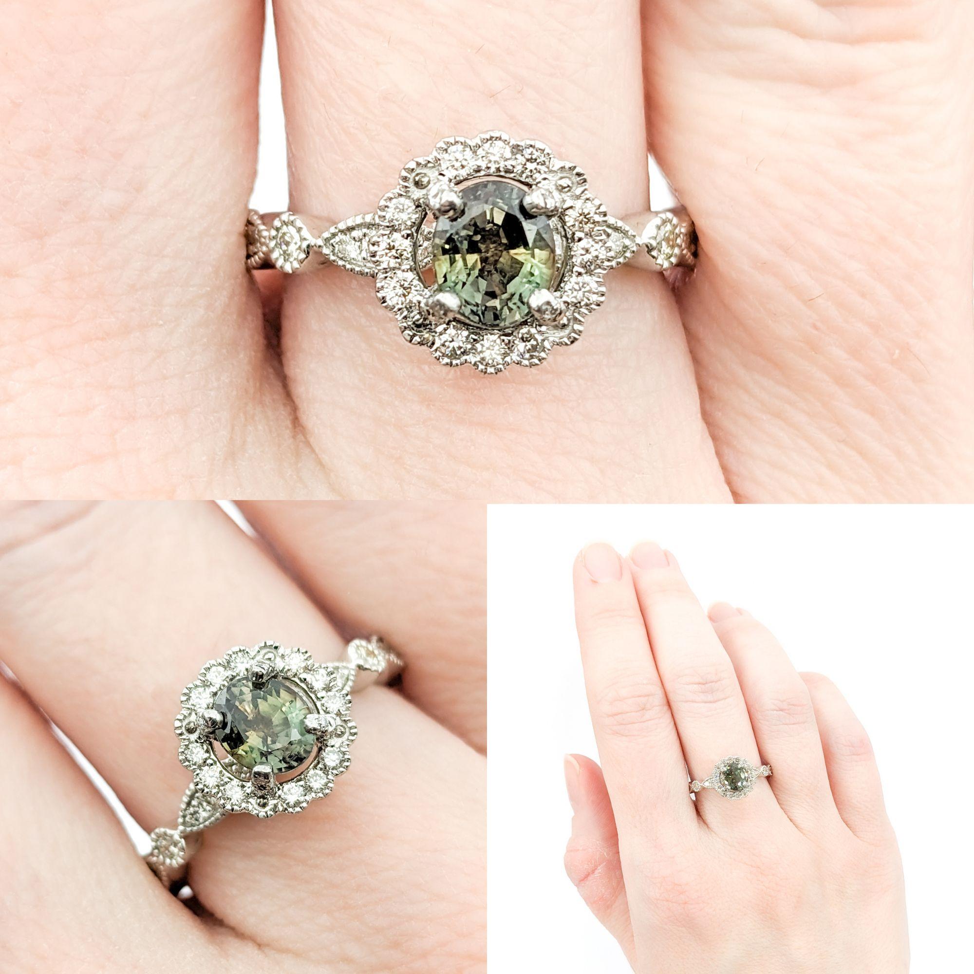 Contemporary Romantic Natural Alexandrite & Diamond Halo Ring in Platinum For Sale