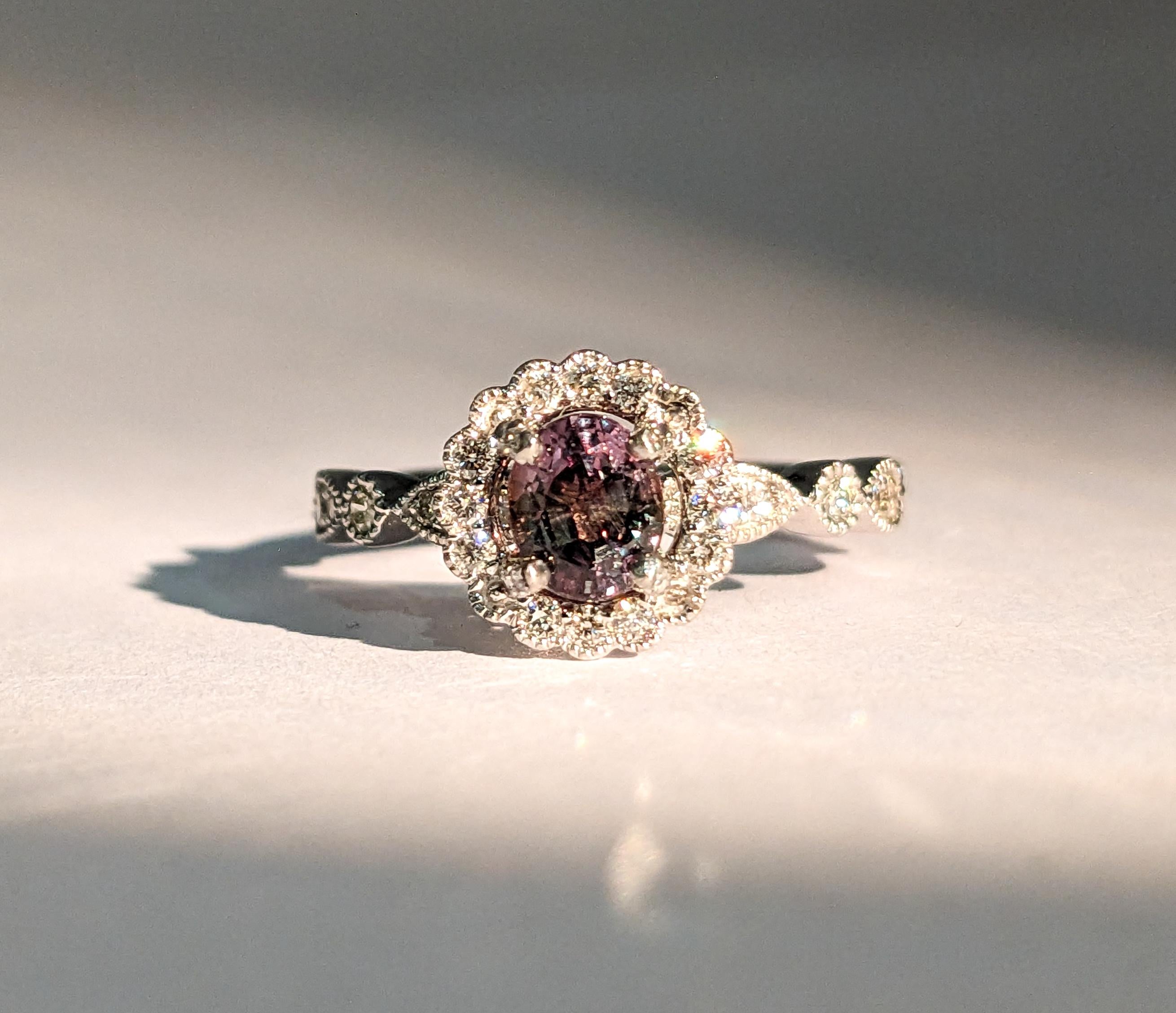 Oval Cut Romantic Natural Alexandrite & Diamond Halo Ring in Platinum For Sale