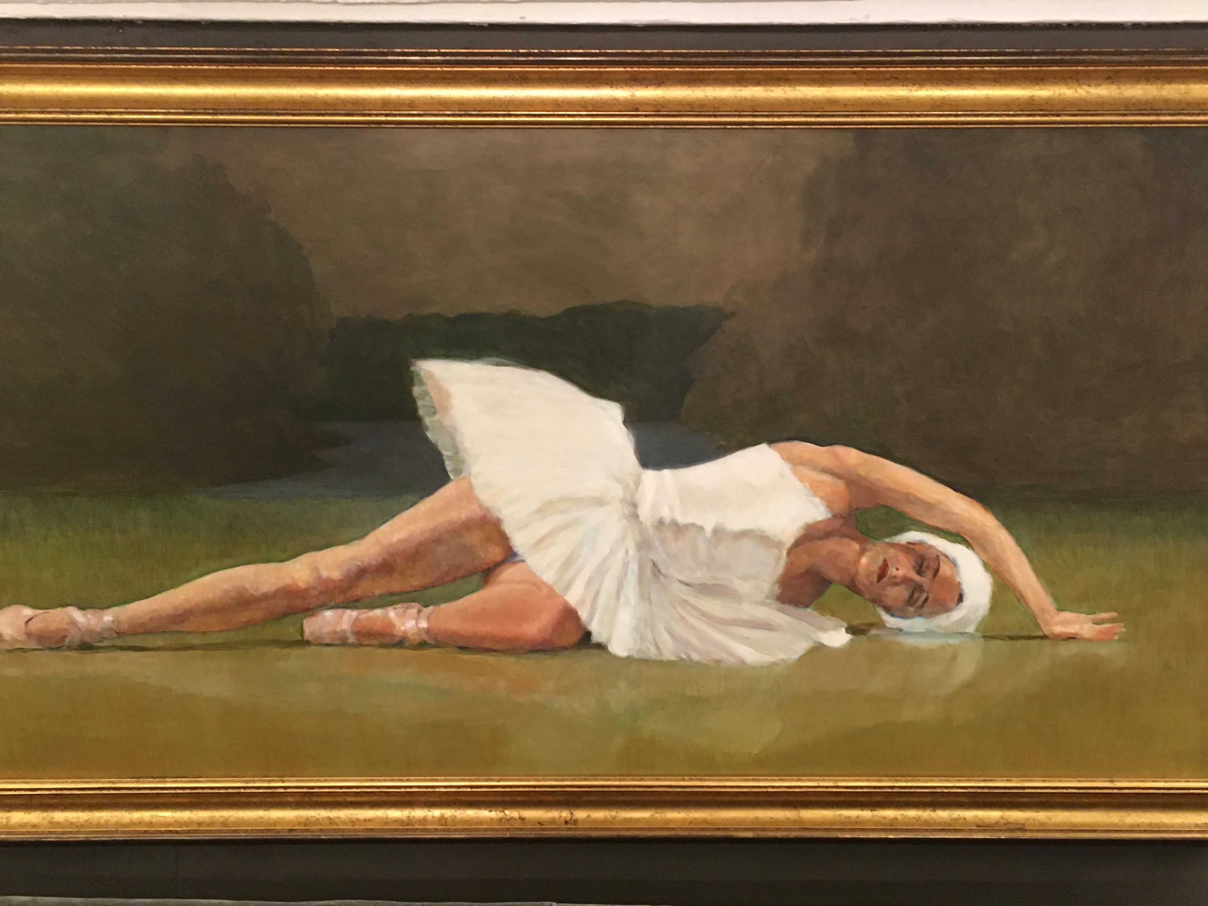 Beautifully rendered oil on board by renowned Bucks County artist, Robert Beck. Subject is a lovely ballerina in white tutu in repose. Frame is bronze giltwood and compliments the color palette of greens, brown, grey and white.
