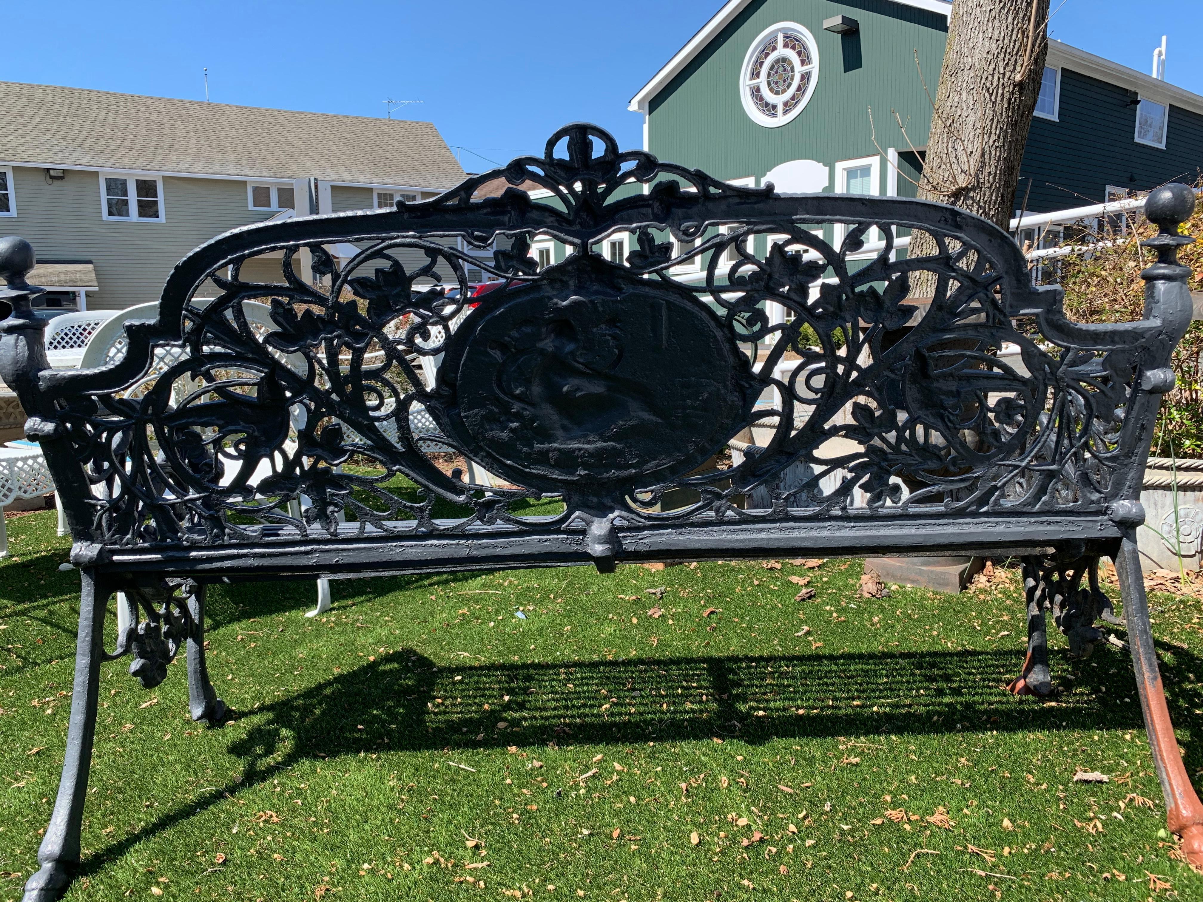 Romantic Ornate Antique French Black Iron Bench with Birds and Nymph 4
