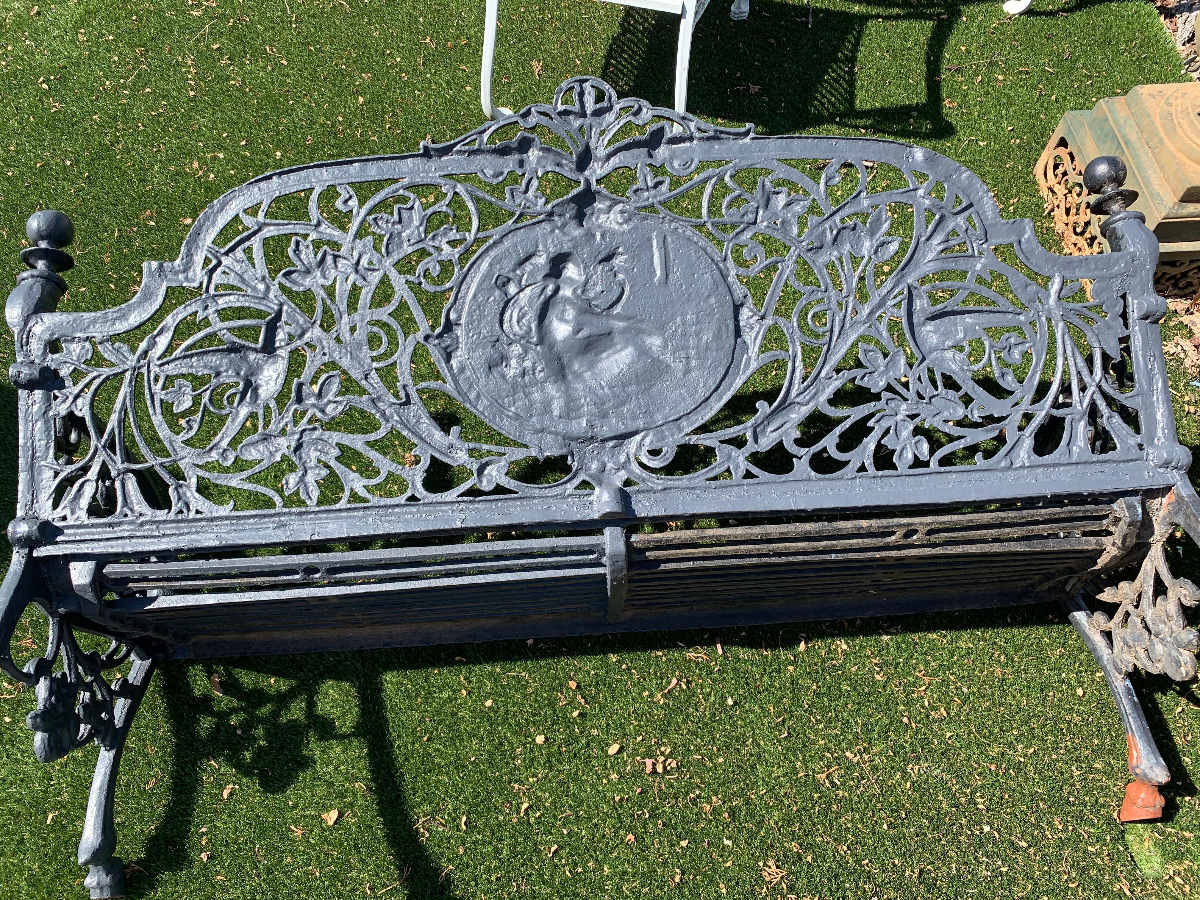 Romantic Ornate Antique French Black Iron Bench with Birds and Nymph 6