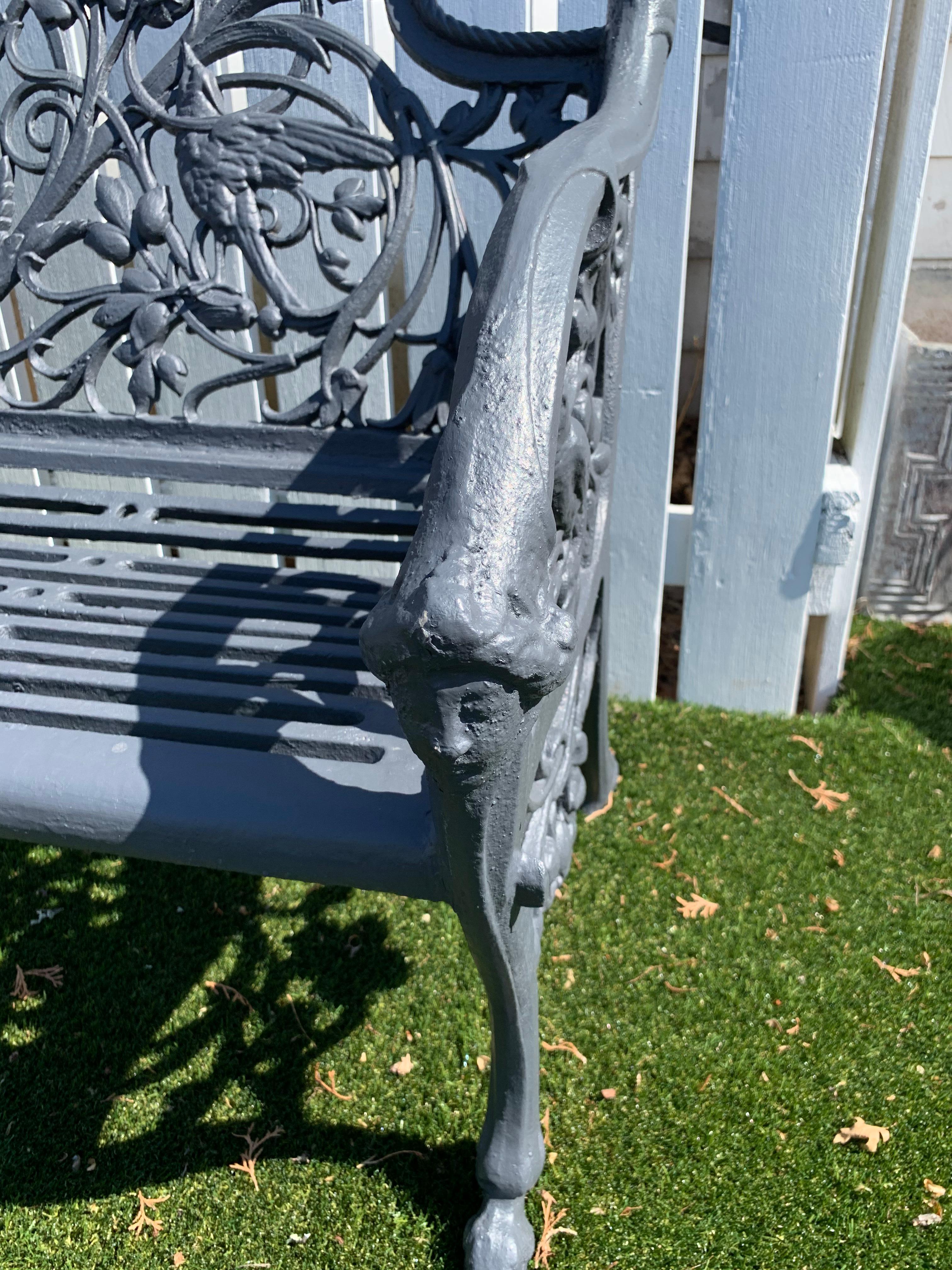 19th Century Romantic Ornate Antique French Black Iron Bench with Birds and Nymph