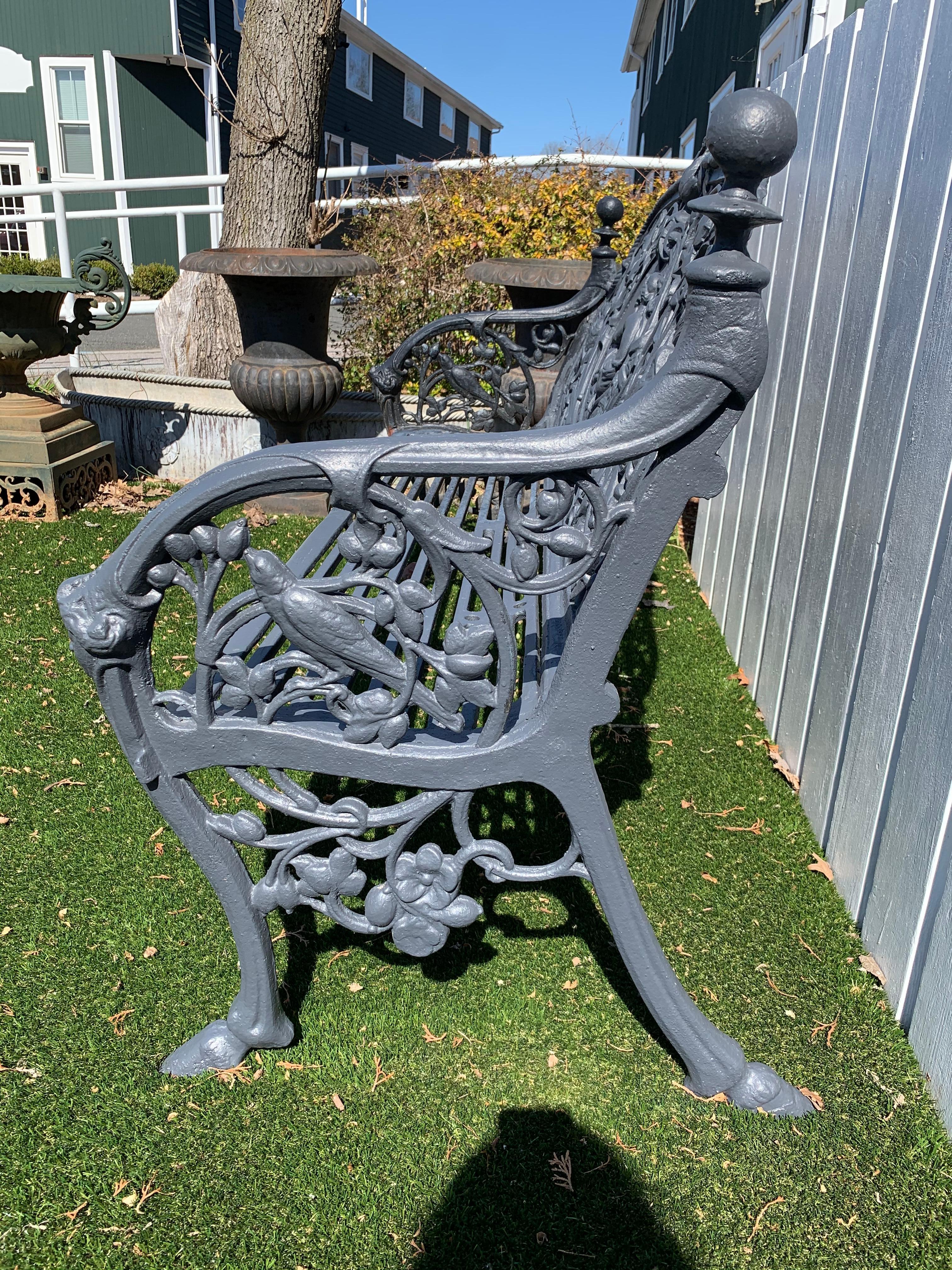 Romantic Ornate Antique French Black Iron Bench with Birds and Nymph 1