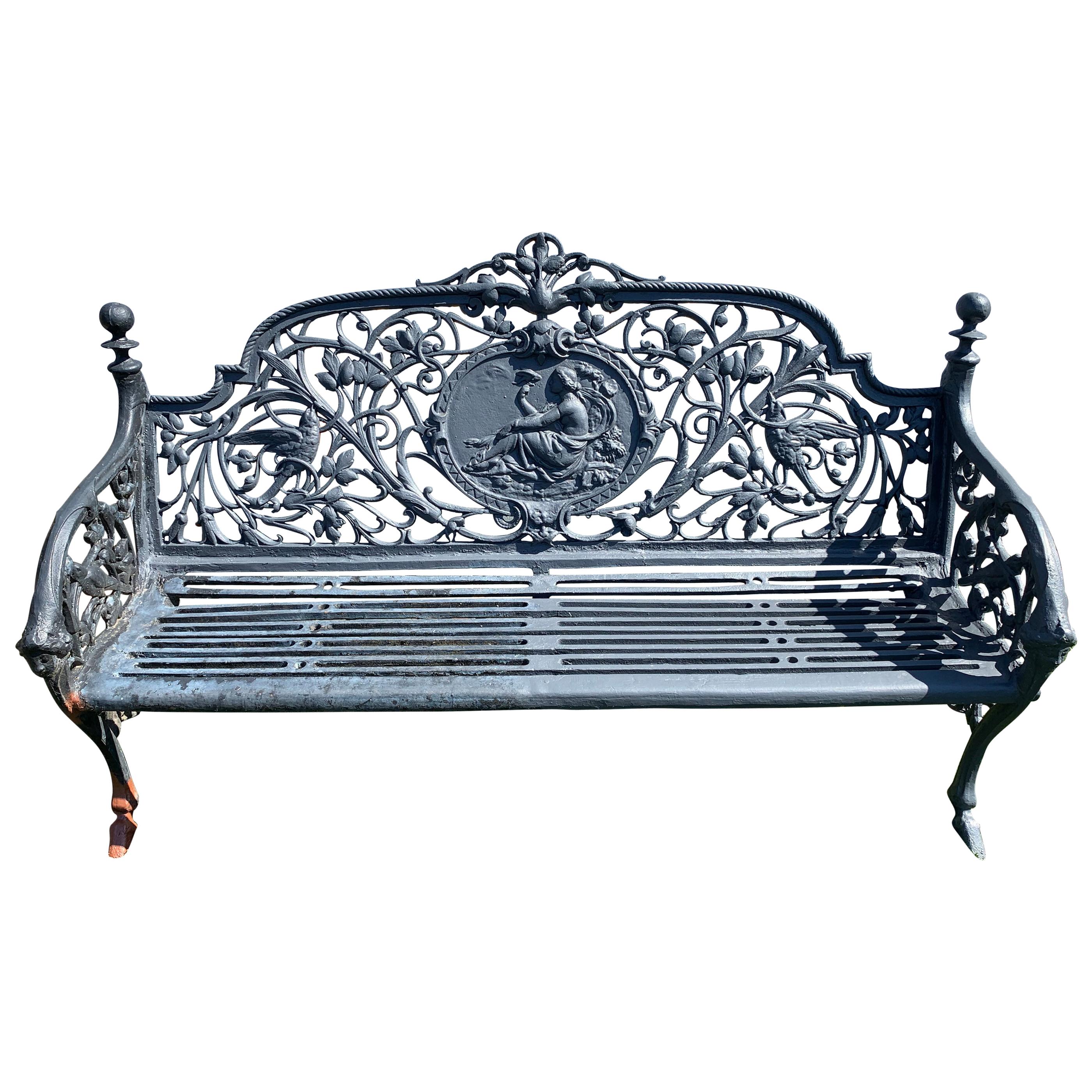 Romantic Ornate Antique French Black Iron Bench with Birds and Nymph