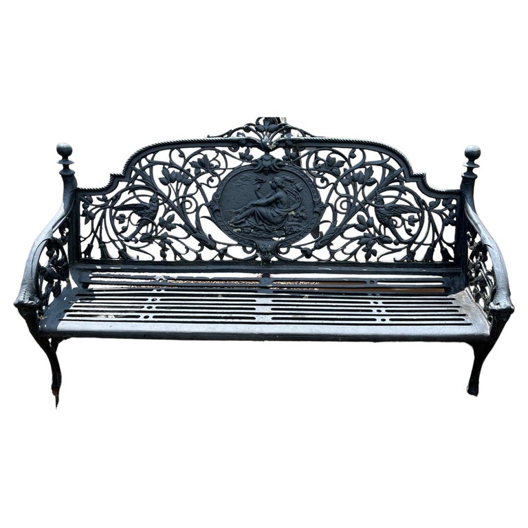 Romantic Ornate Antique French Black Iron Bench with Birds and Nymph