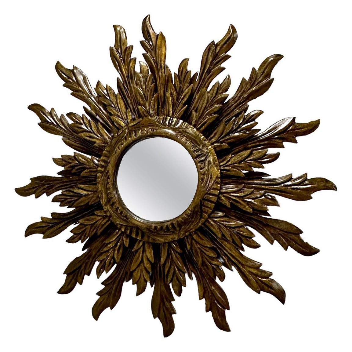 Romantic Ornately Carved Italian Sunburst Mirror with Antique Gold Finish