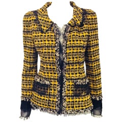 Romantic Oscar de la Renta Yellow, Black and Beige Wool Blend Tweed w/ Lace Trim