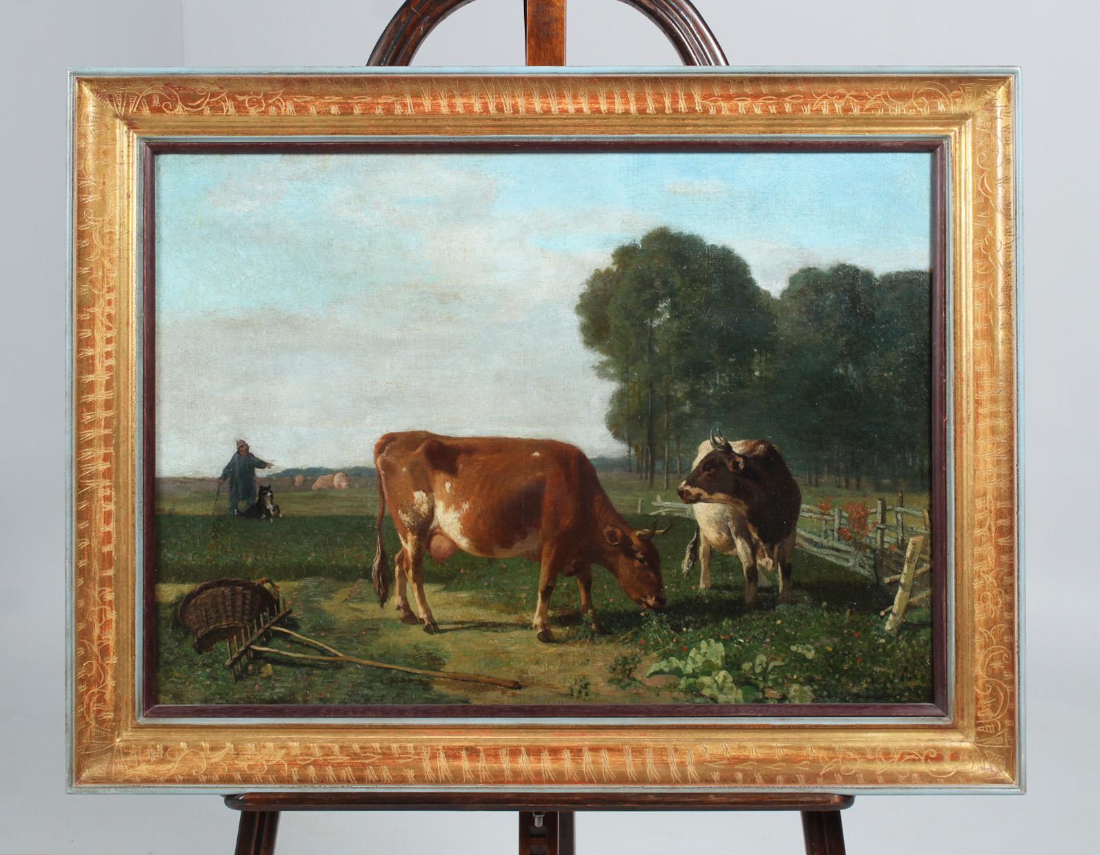 Belgian Romantic Painting, Oil on Canvas, Grazing Cows, Belgium 19th Century For Sale