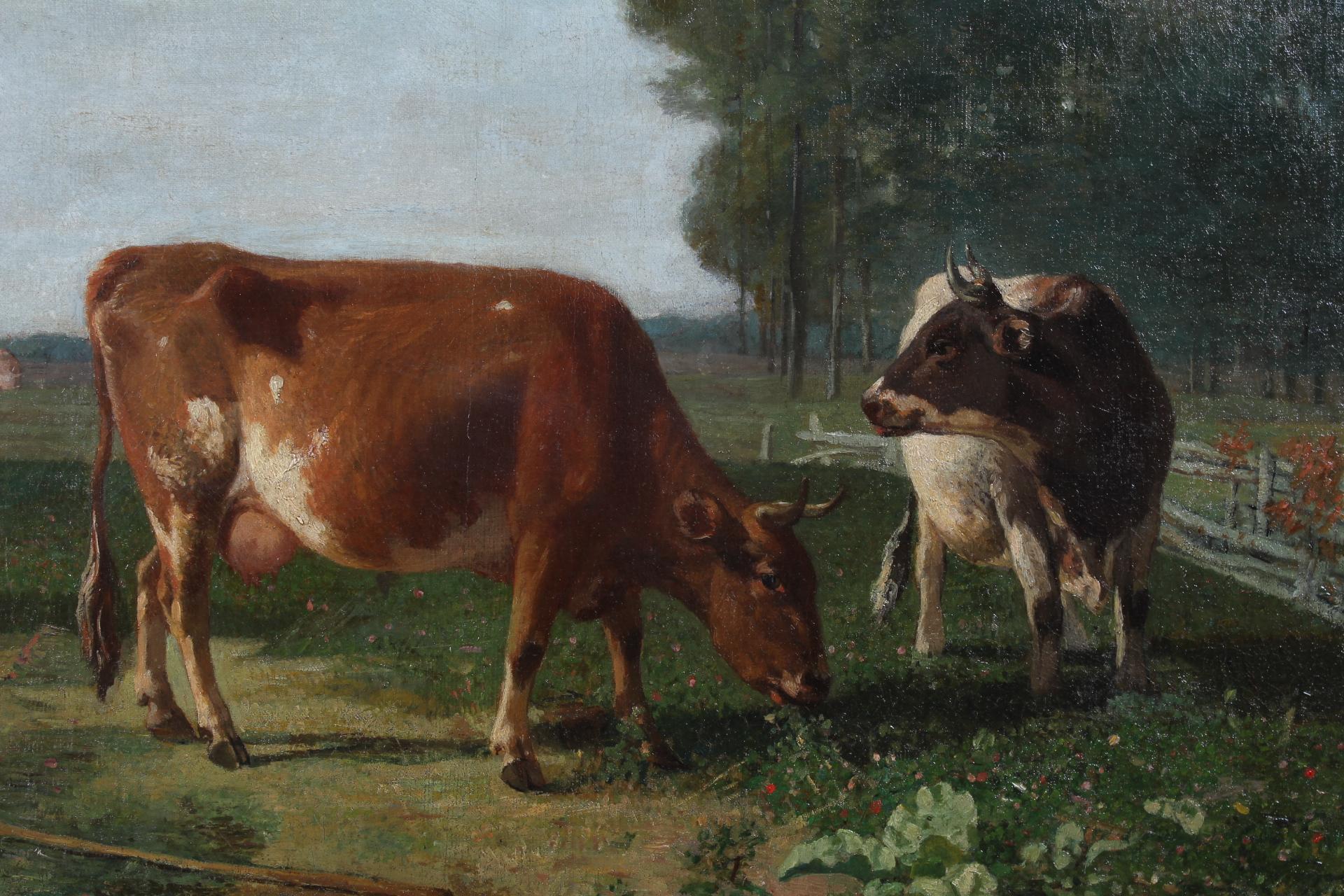 Romantic Painting, Oil on Canvas, Grazing Cows, Belgium 19th Century For Sale 2