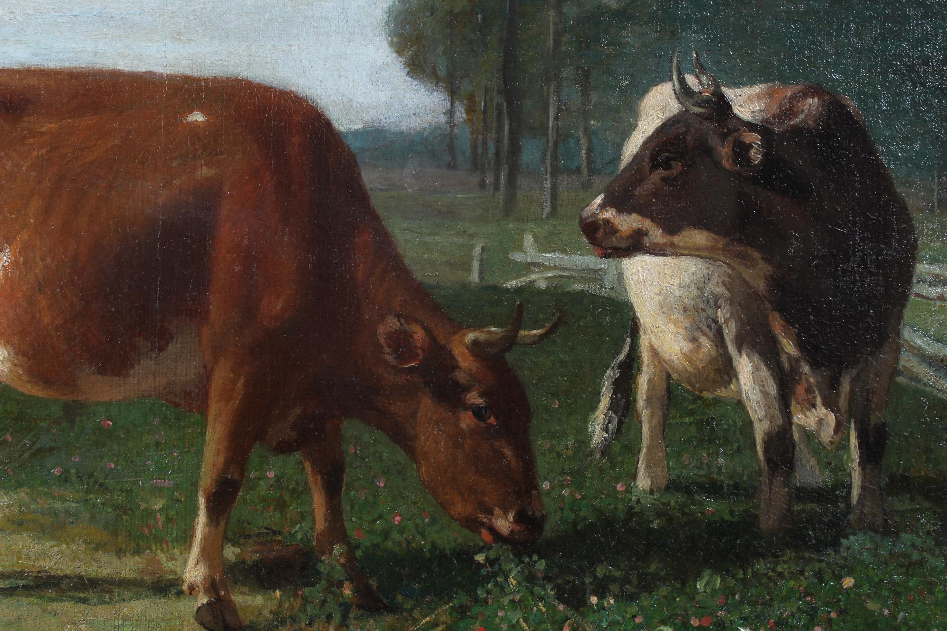 Romantic Painting, Oil on Canvas, Grazing Cows, Belgium 19th Century For Sale 3