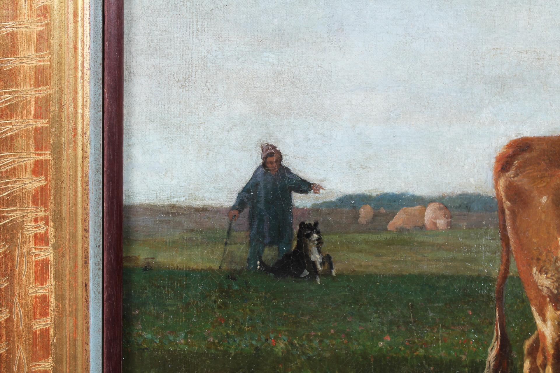 Romantic Painting, Oil on Canvas, Grazing Cows, Belgium 19th Century For Sale 4