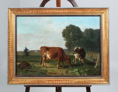 Romantic Painting, Oil on Canvas, Grazing Cows, Belgium 19th Century