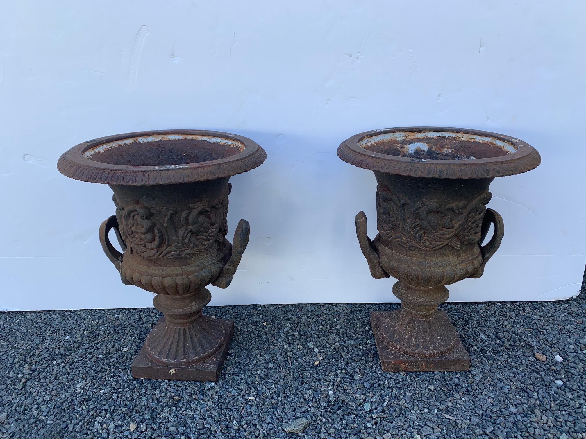 Romantic Pair of Antique French Iron Garden Urns Planters For Sale 5