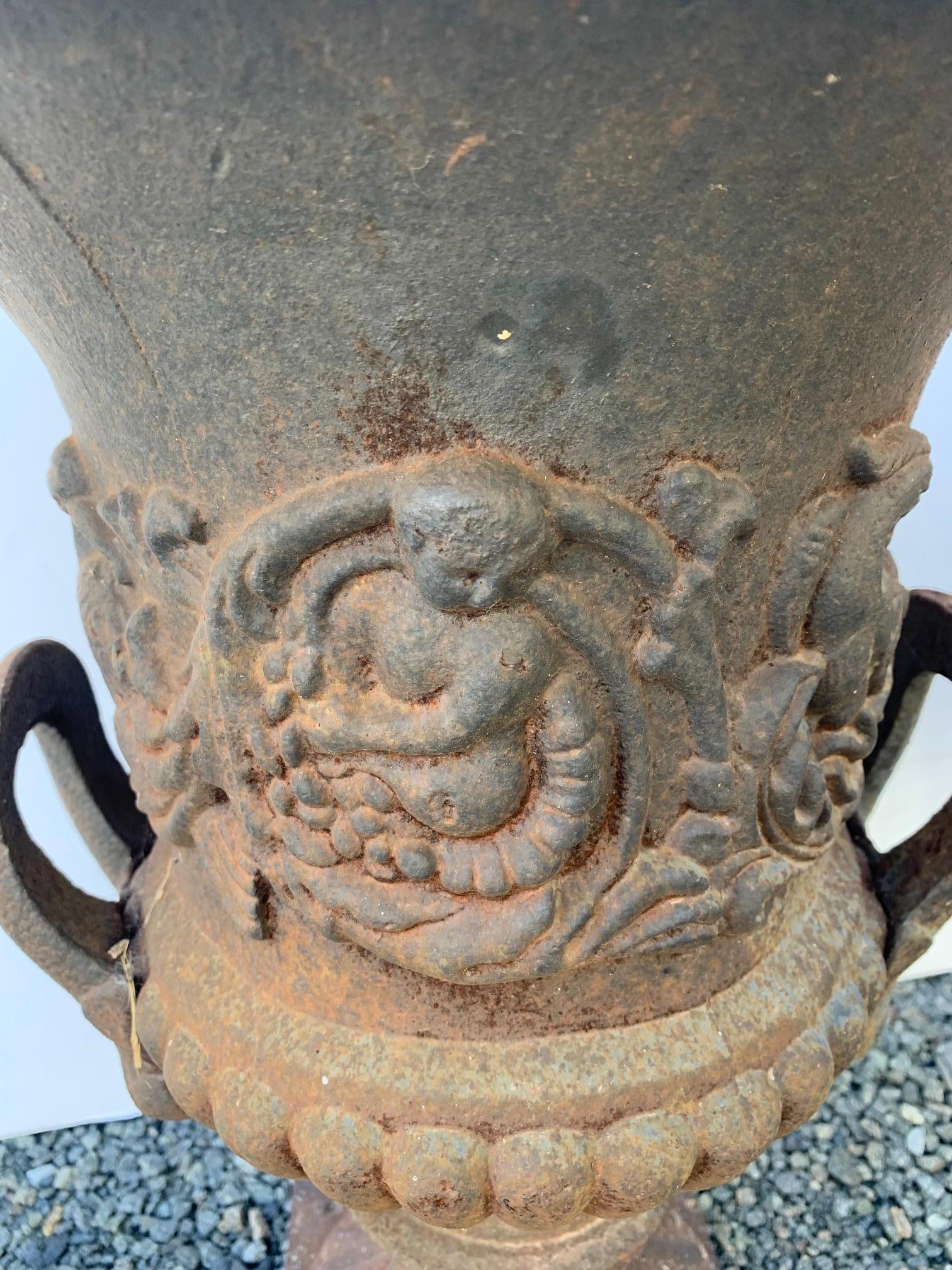 Romantisches Paar antiker französischer Gartenurnen-Pflanzgefäße aus Eisen im Zustand „Gut“ im Angebot in Hopewell, NJ
