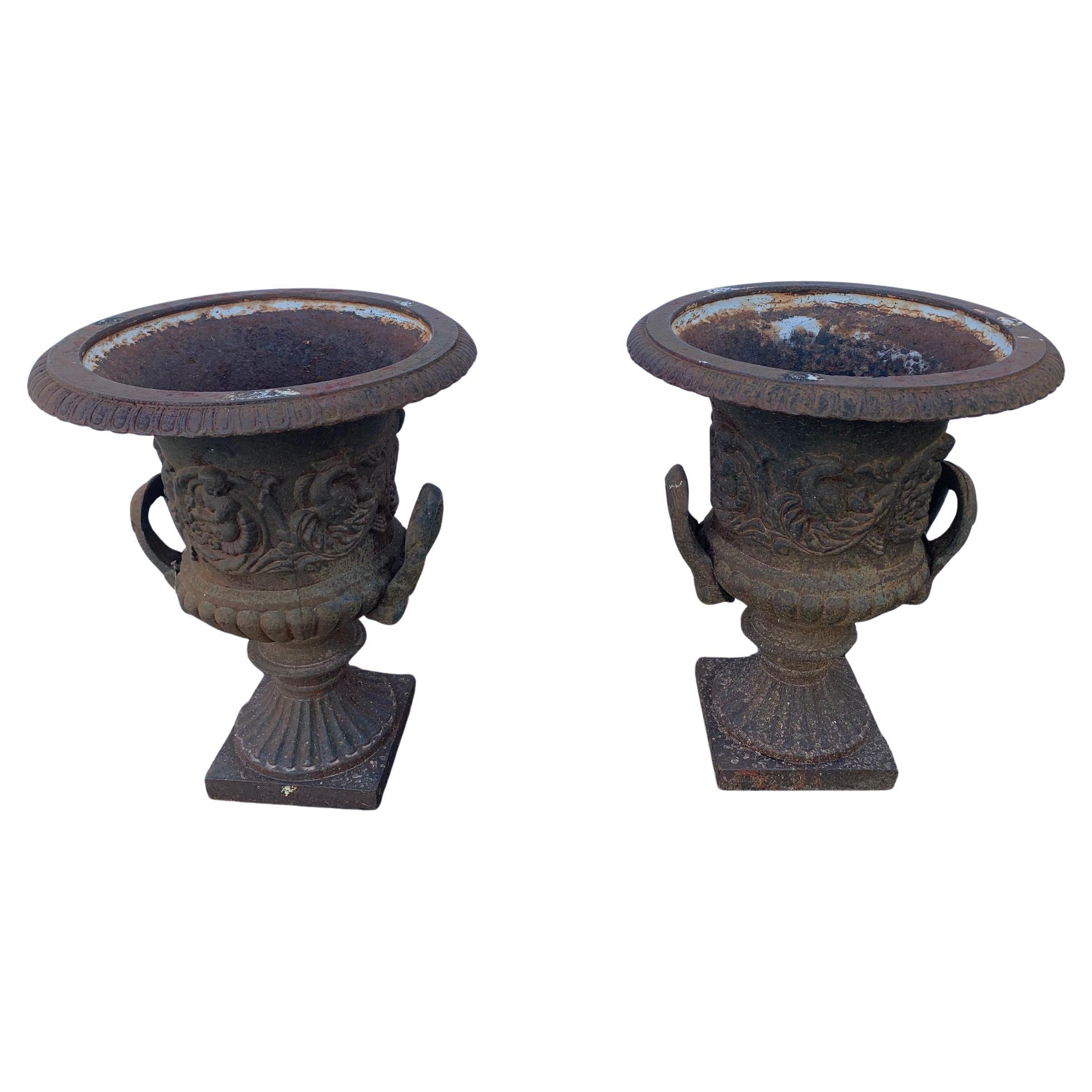 Paire romantique d'urnes de jardin anciennes en fer français en forme d'urnes