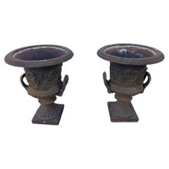 Romantic Pair of Antique French Iron Garden Urns Planters