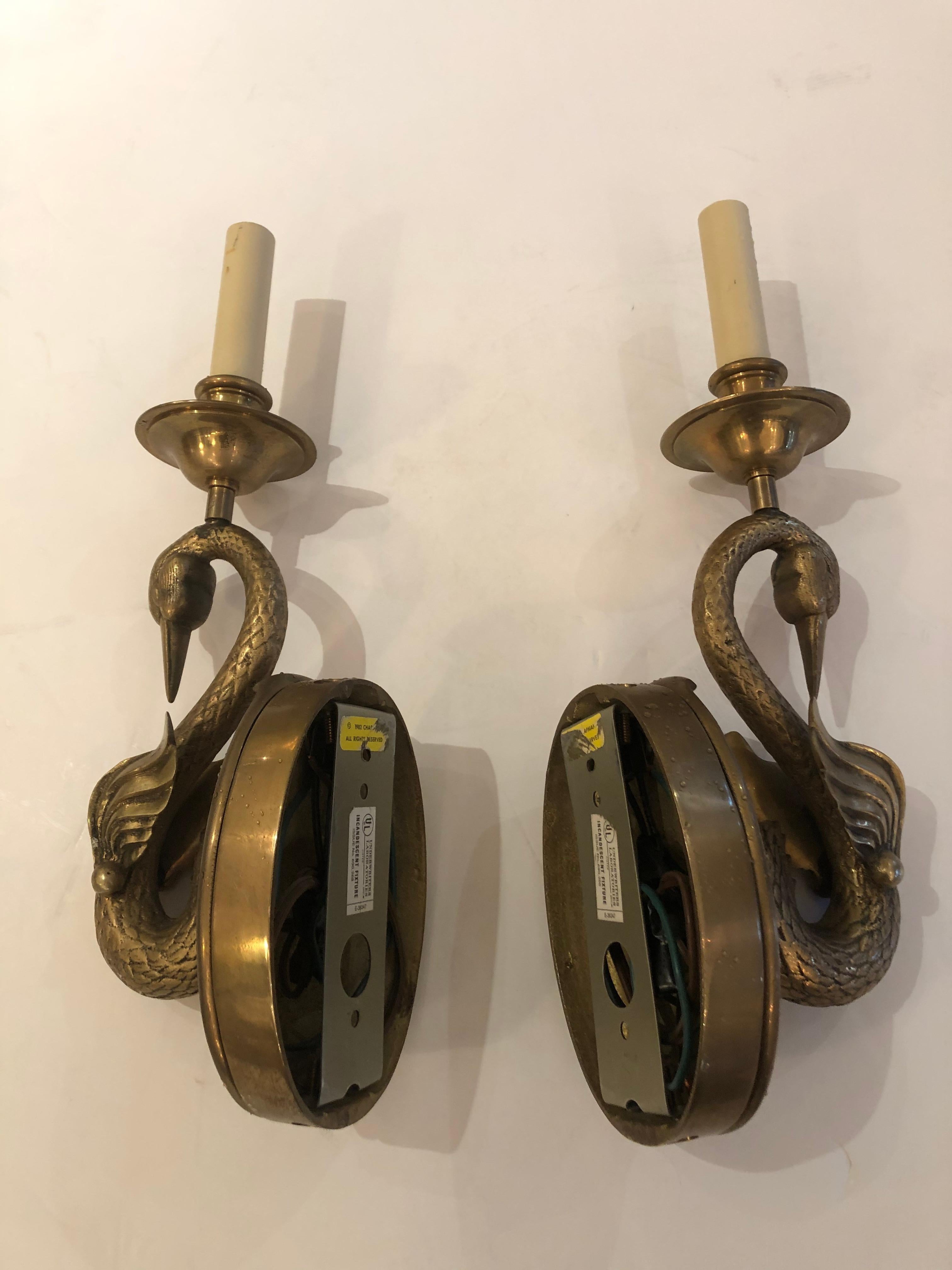 Romantic Pair of Chapman Brass Swan Sconces 1