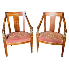 Romantic Pair of Elegant French Neoclassical Armchairs with Bronze Figural Arms