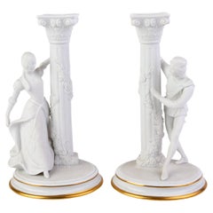 Romantic Pair of Franklin Mint Fine Gilt Porcelain Candlesticks Romeo & Juliet