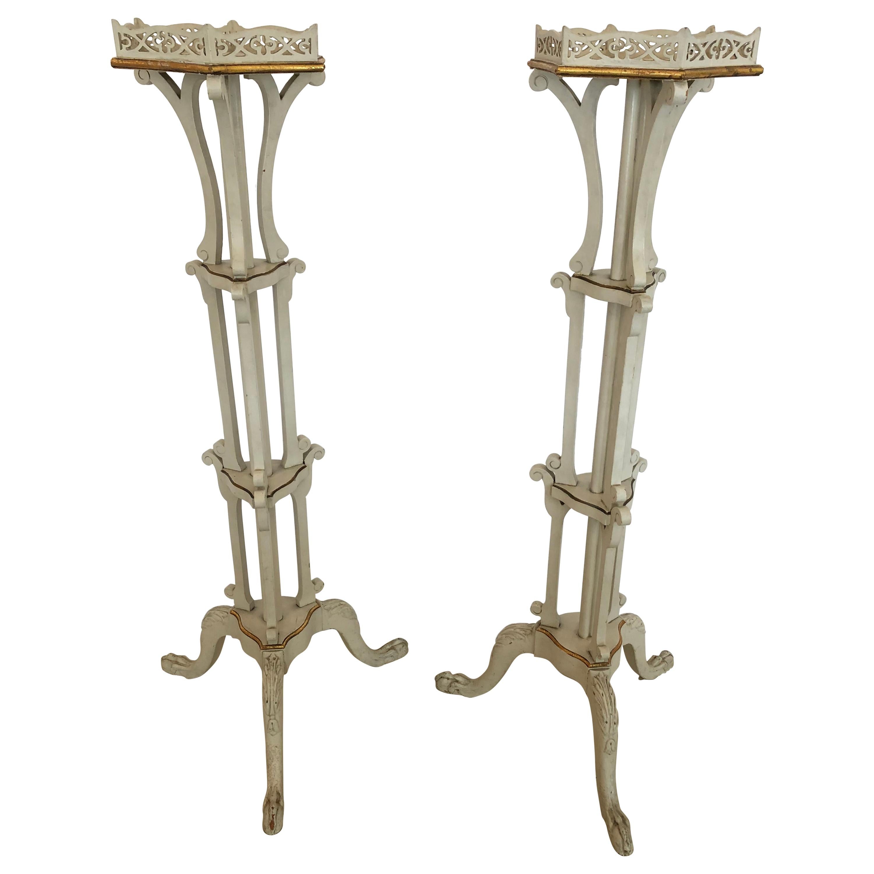 Romantic Pair of French Painted Ivory and Gilded Plant Stands For Sale