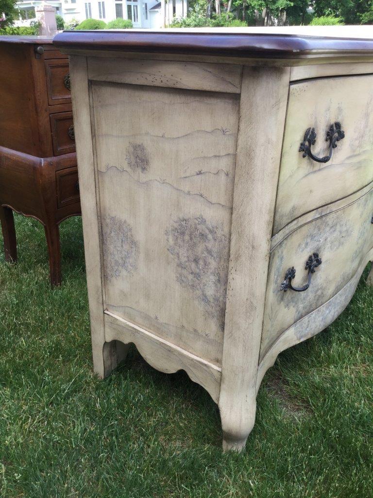 Fruitwood Romantic Pair of French Style Gray & White Painted Chests of Drawers