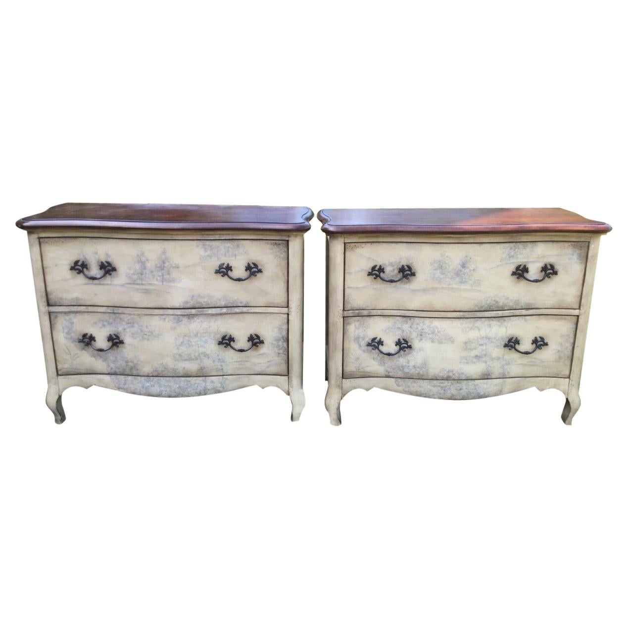 Romantic Pair of French Style Gray & White Painted Chests of Drawers